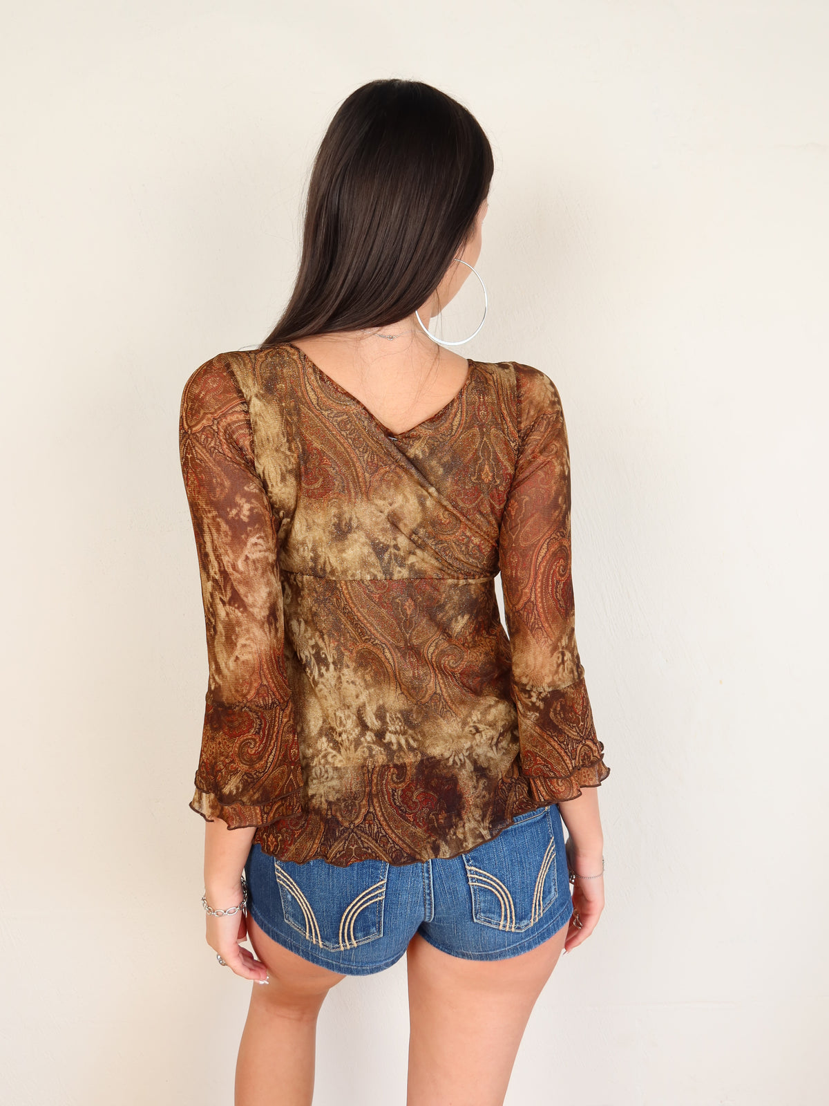 Brown Glitter Mesh Wrap Blouse S/M