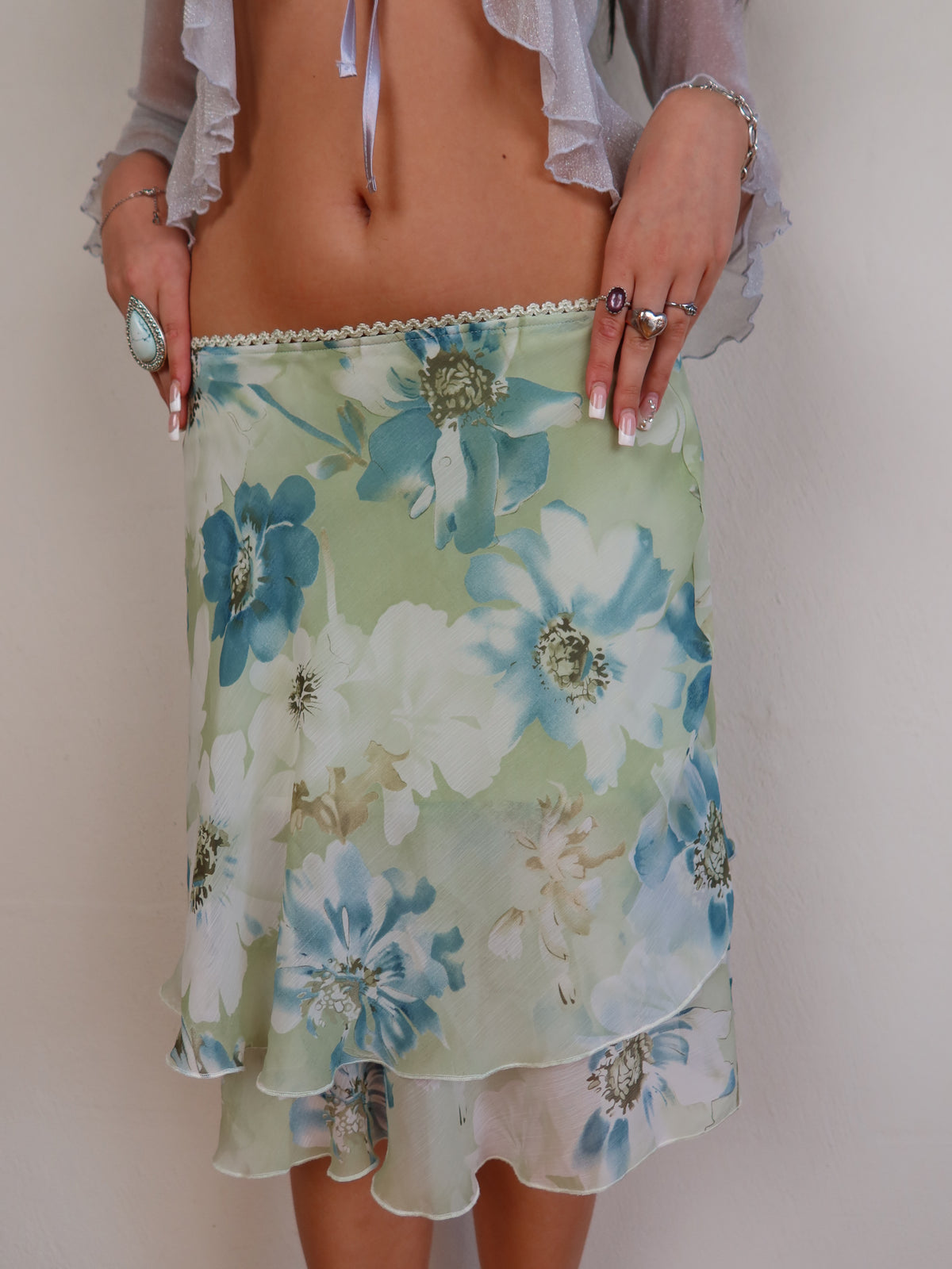 Green Floral Chiffon Midi Skirt XS/S