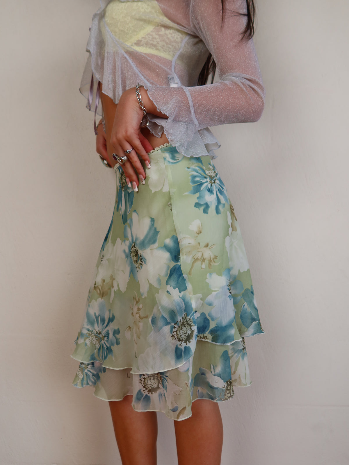 Green Floral Chiffon Midi Skirt XS/S