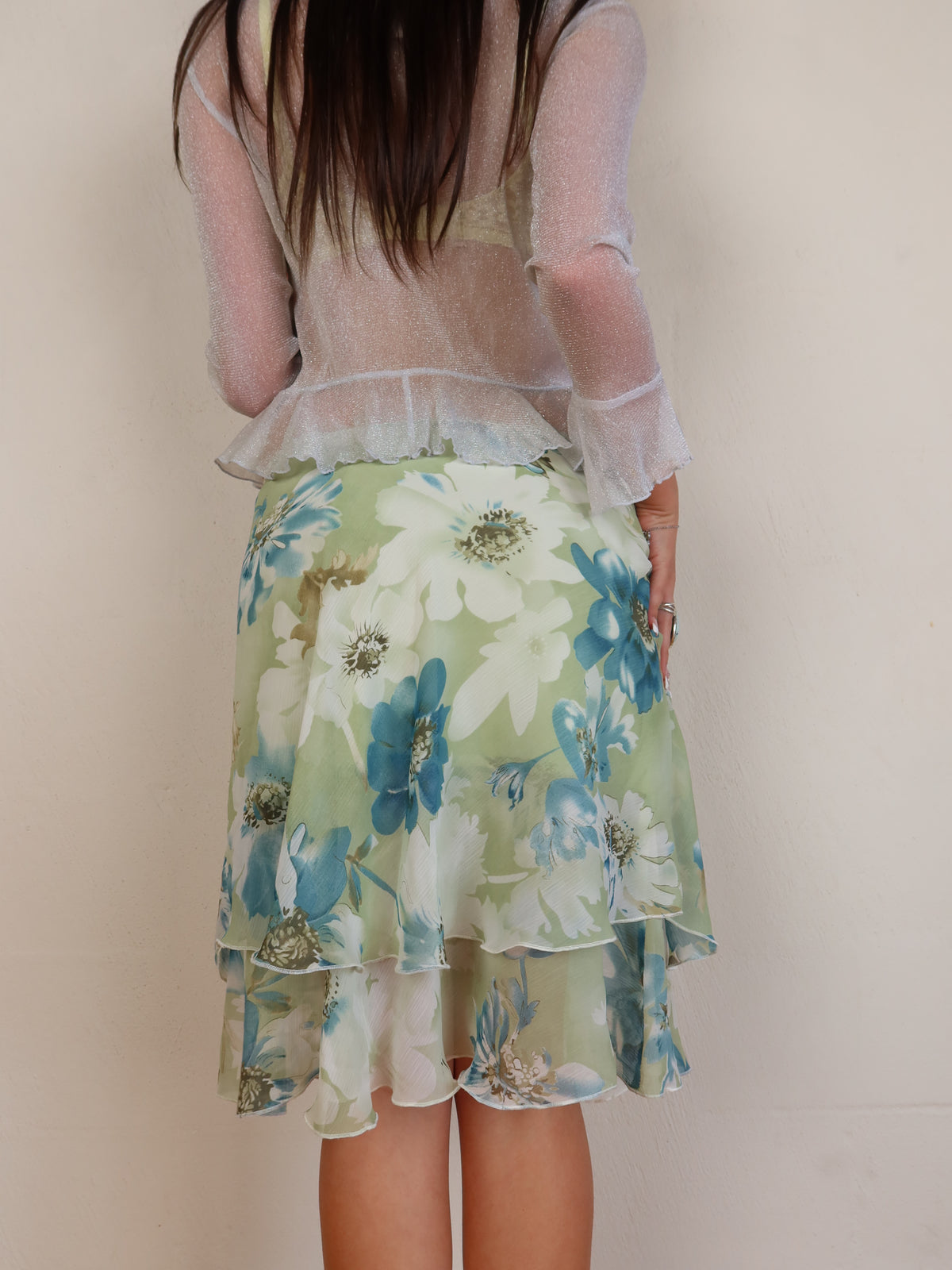 Green Floral Chiffon Midi Skirt XS/S