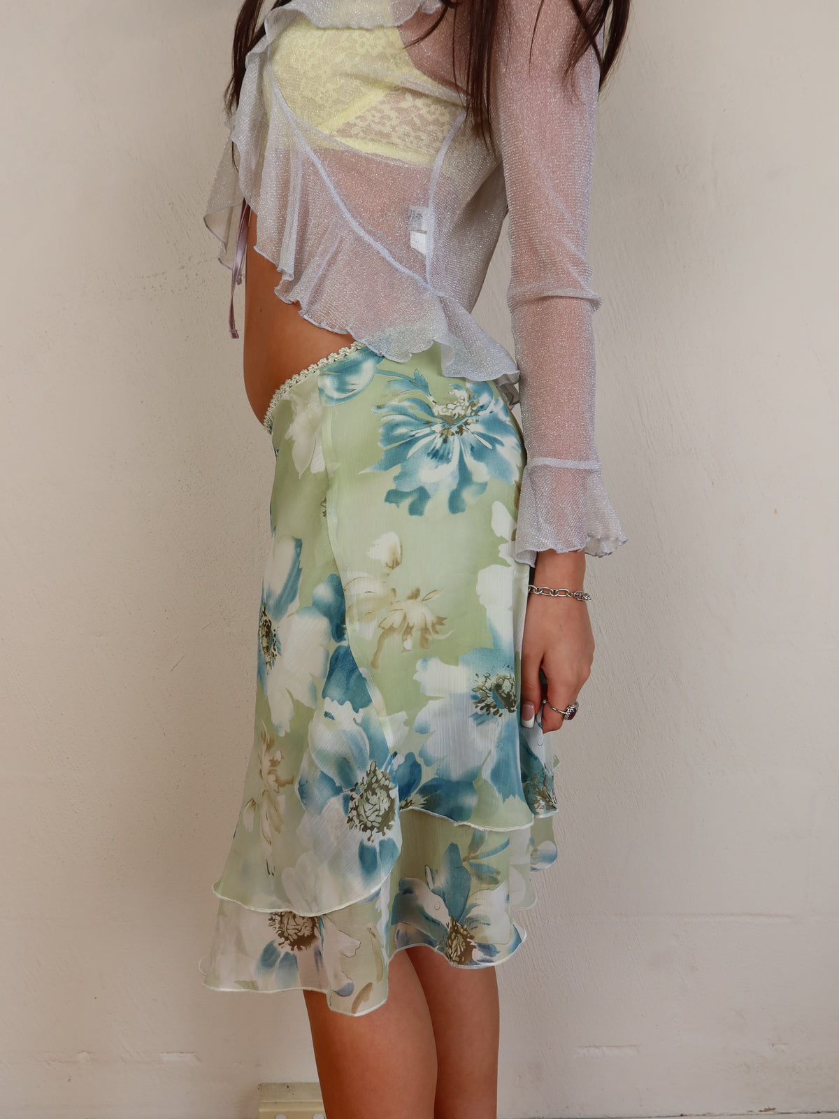 Green Floral Chiffon Midi Skirt XS/S