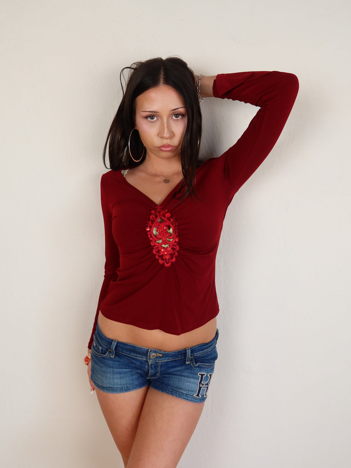 Burgundy Embellished V-Neck Top S
