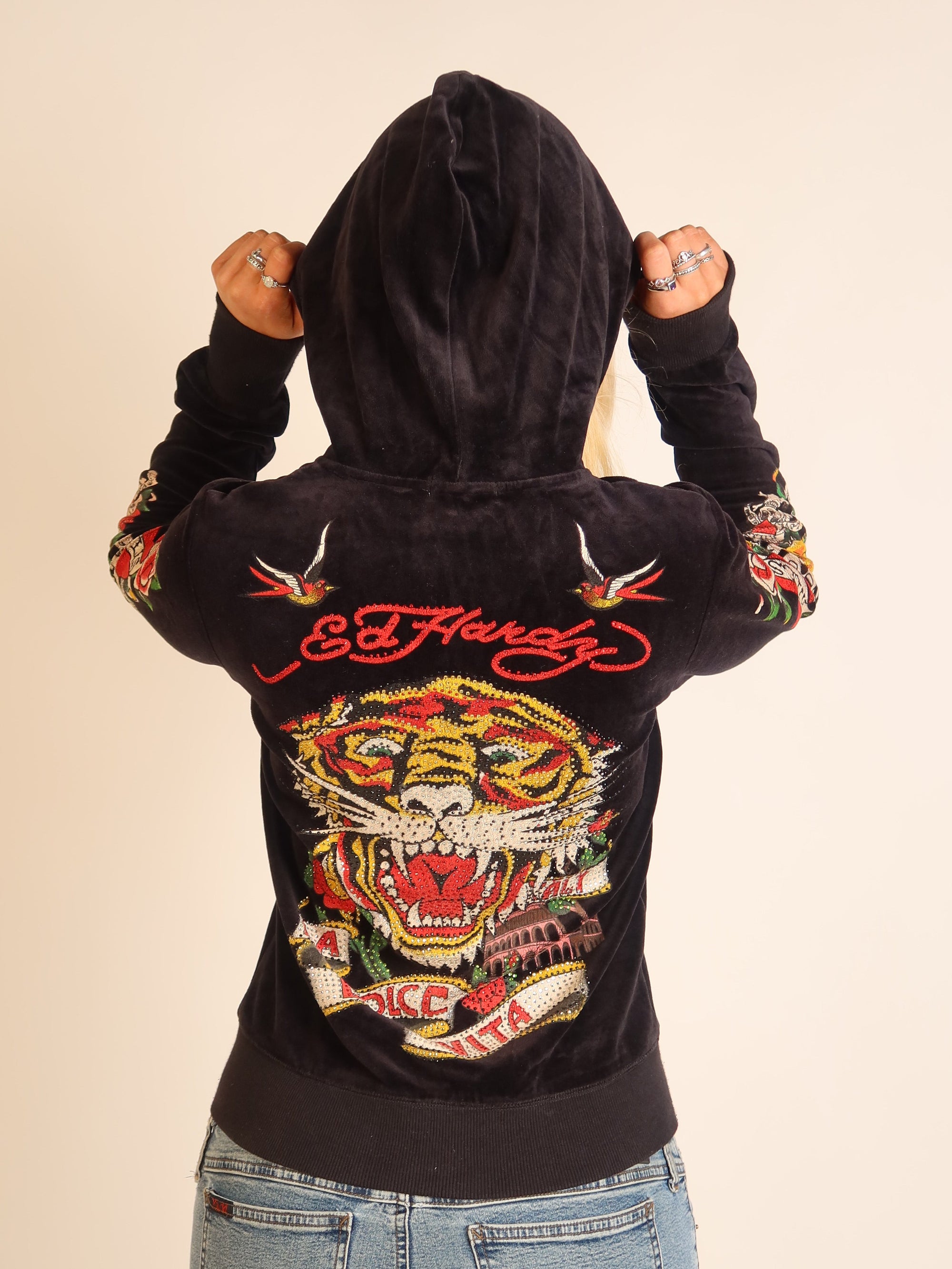 Ed Hardy Tiger Velour Zip Hoodie S/M