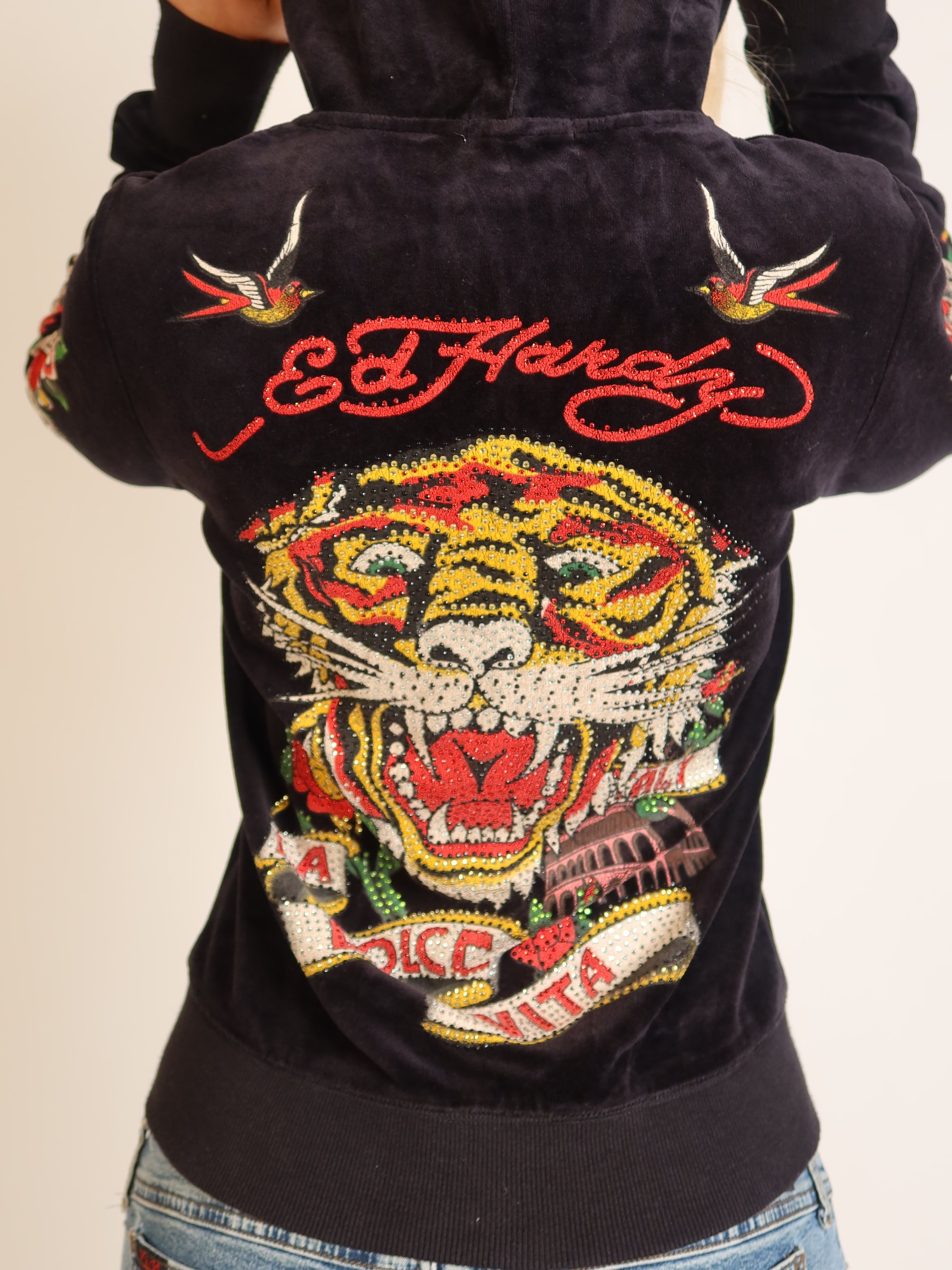 Ed Hardy Tiger Velour Zip Hoodie S/M
