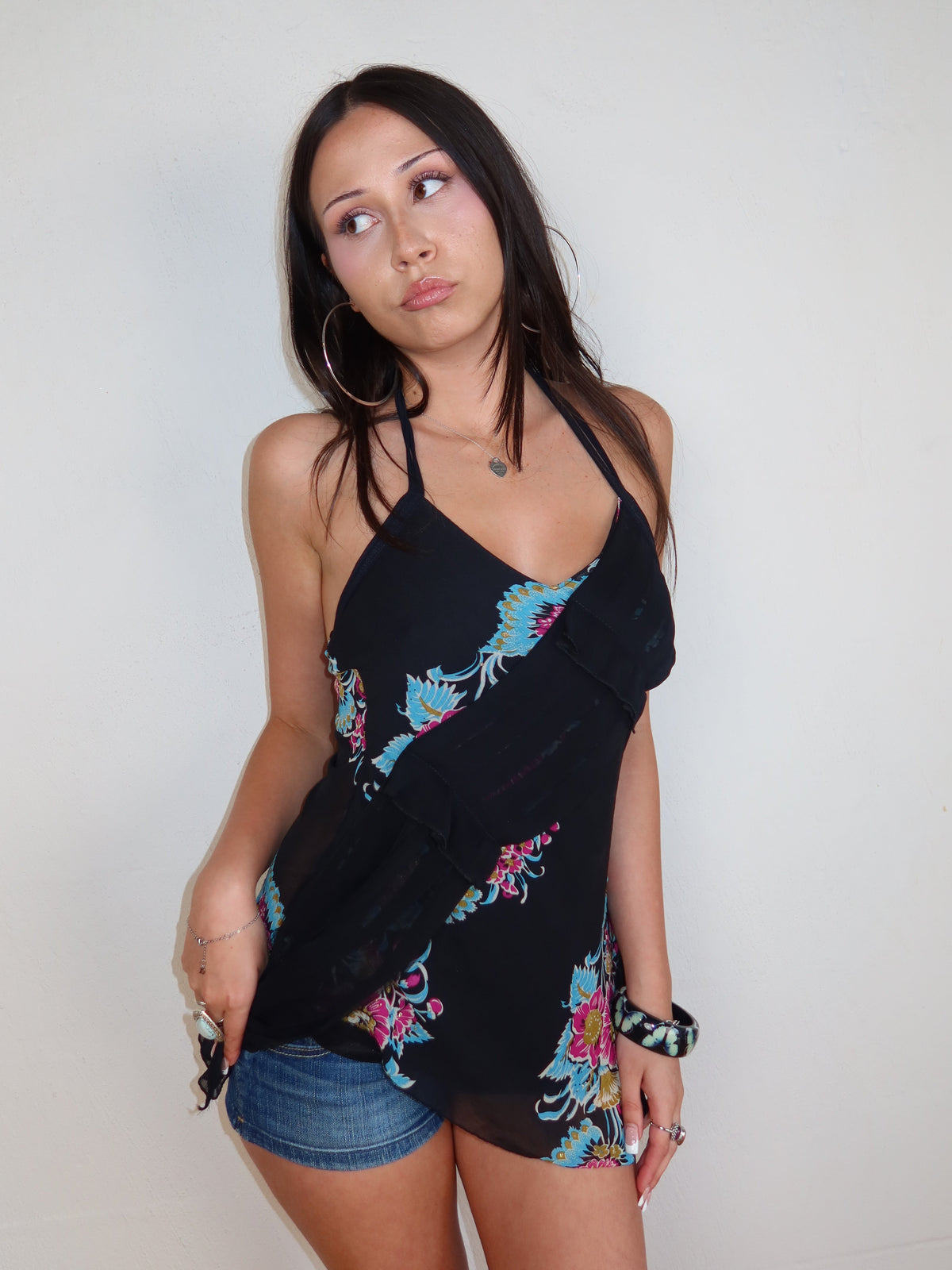 Black Floral Halter Wrap Top S