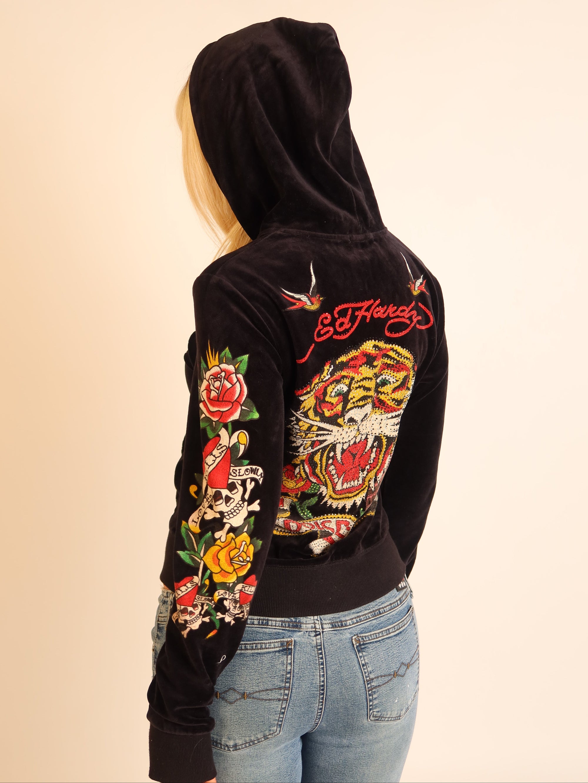Ed Hardy Tiger Velour Zip Hoodie S/M