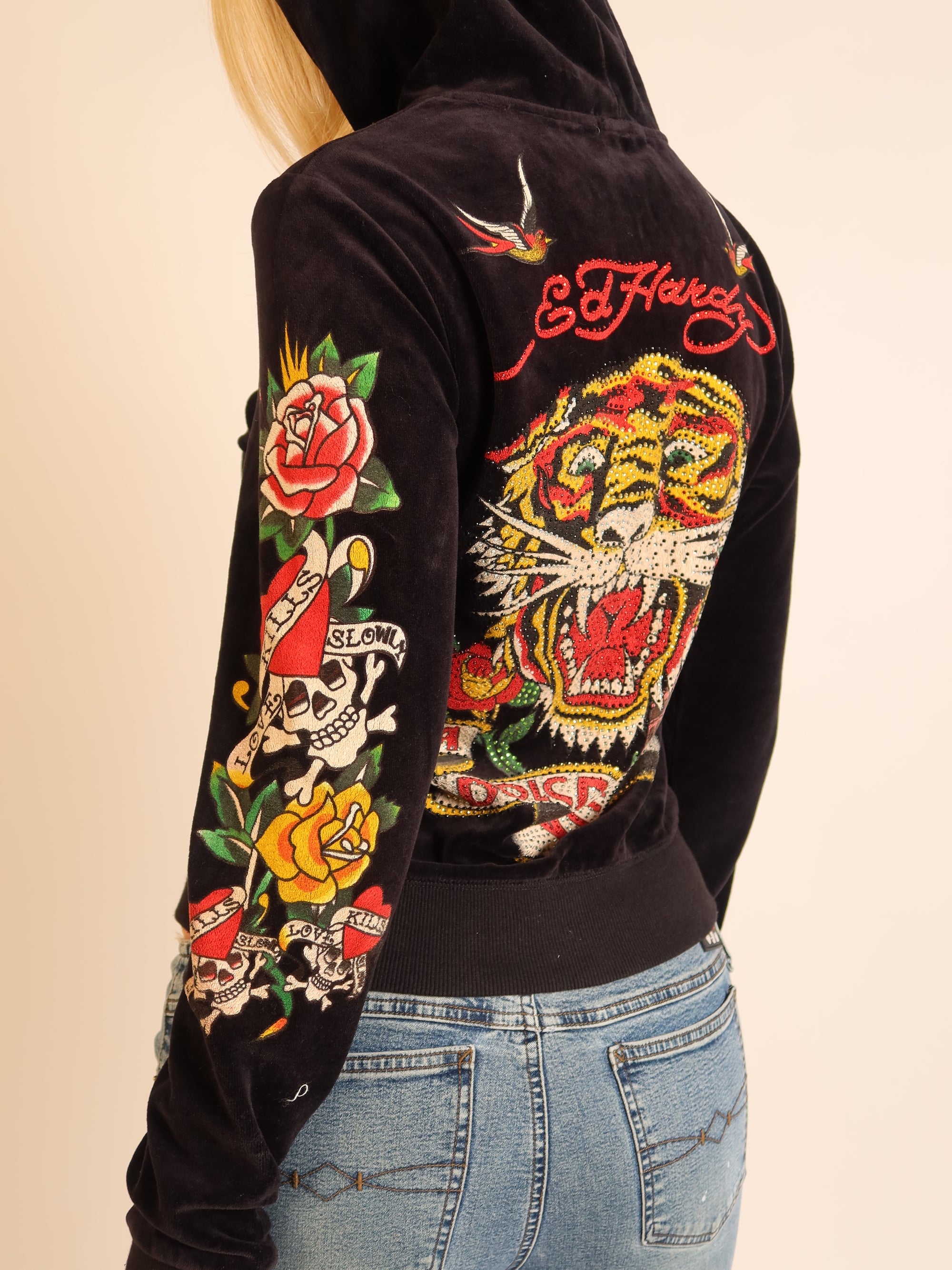 Ed Hardy Tiger Velour Zip Hoodie S/M
