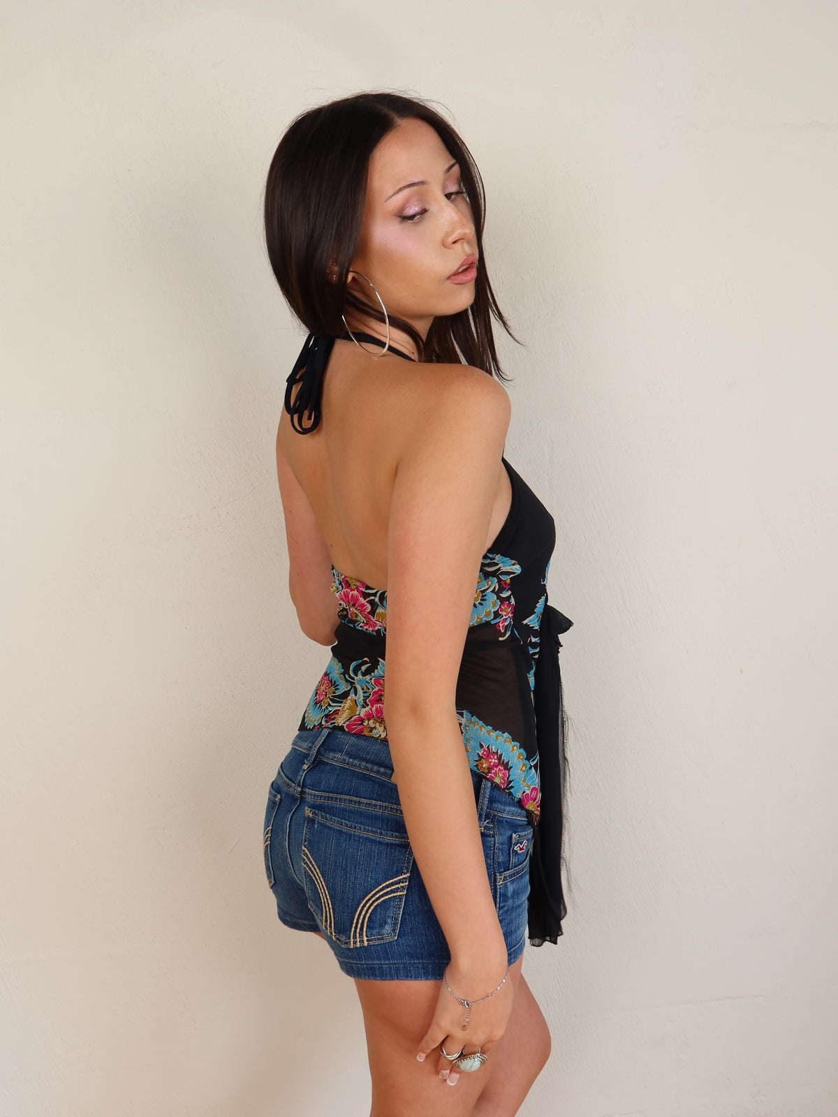 Black Floral Halter Wrap Top S