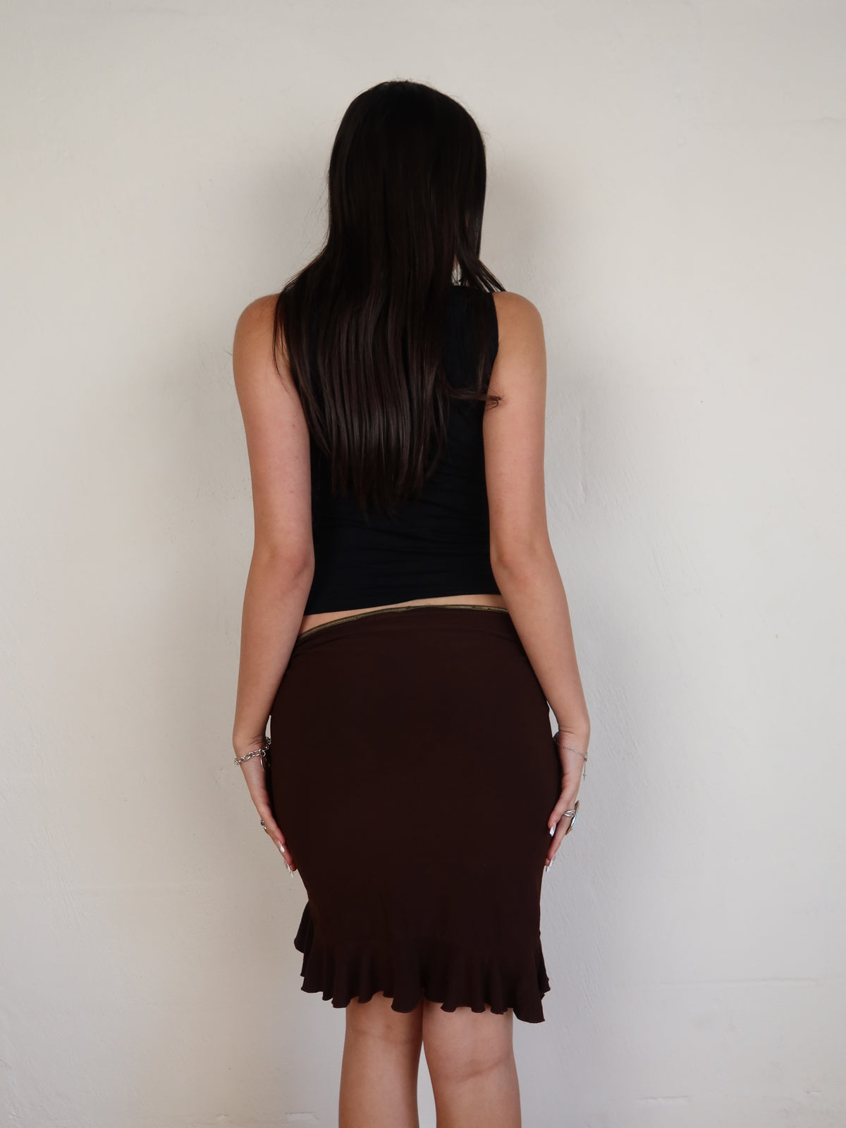 Brown Ruched Ruffle Midi Skirt S/M