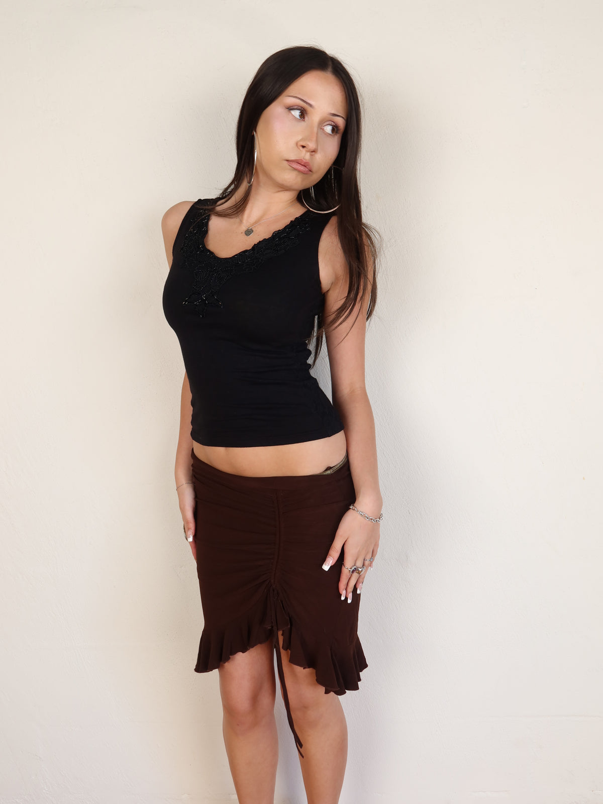 Brown Ruched Ruffle Midi Skirt S/M