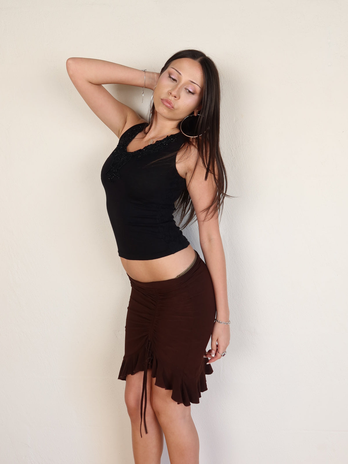 Brown Ruched Ruffle Midi Skirt S/M