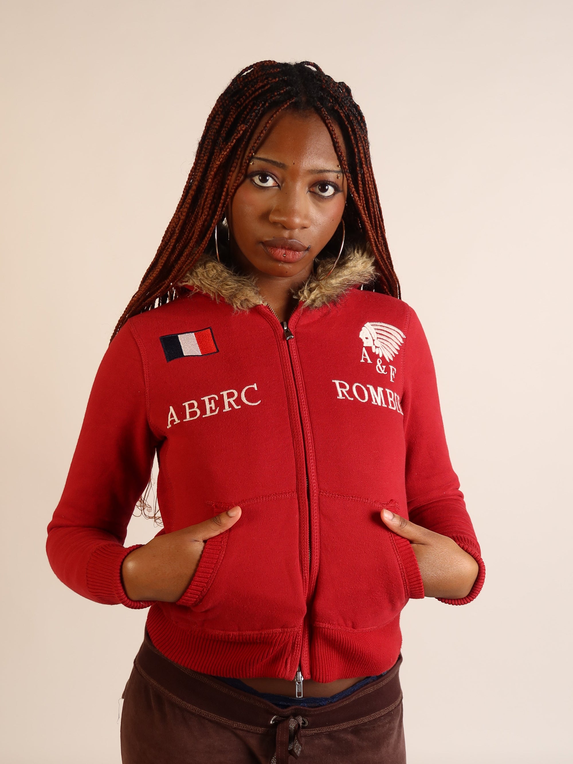 Abercrombie & Fitch Red Fur-Hood Zip Hoodie