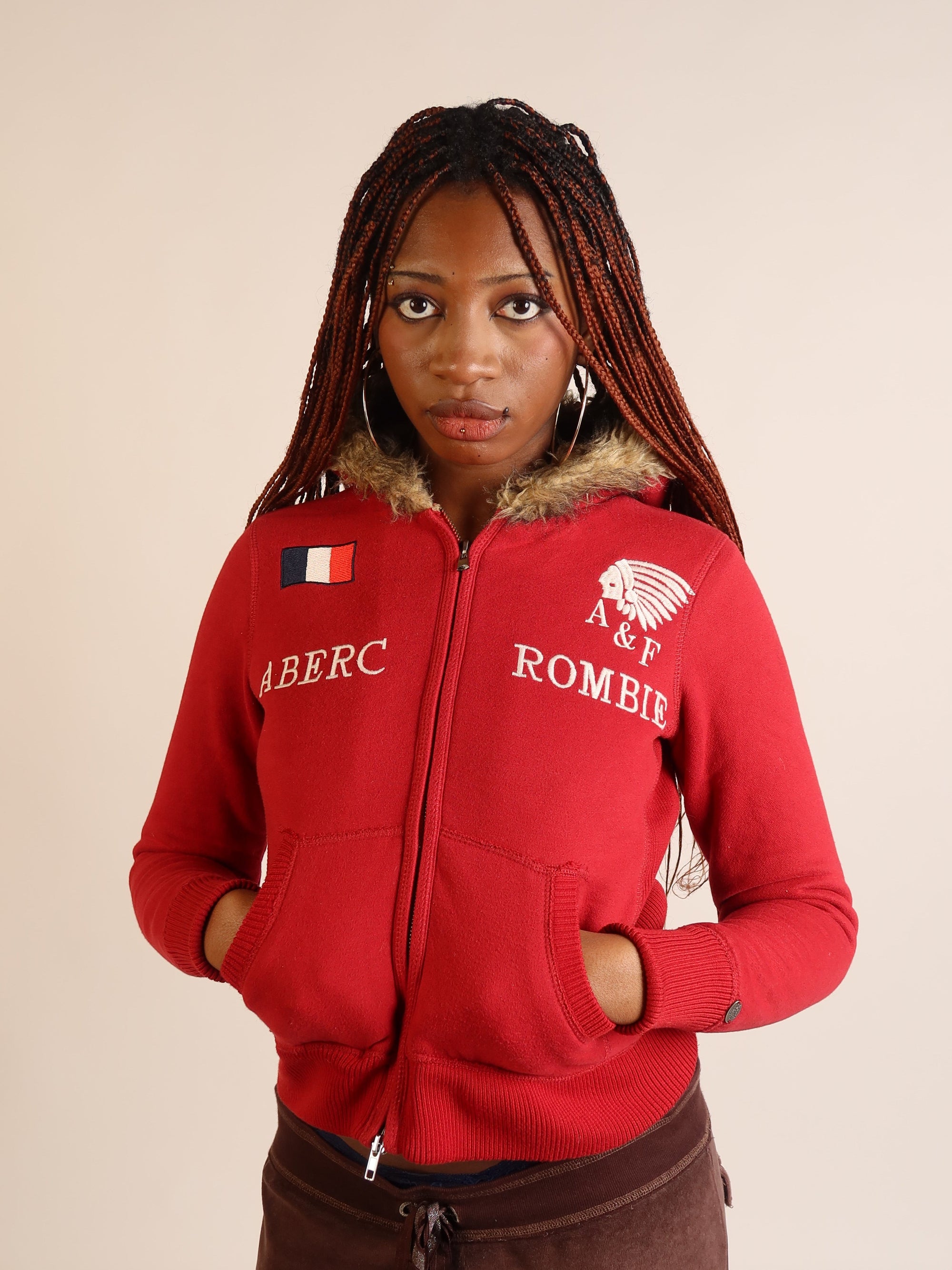 Abercrombie & Fitch Red Fur-Hood Zip Hoodie
