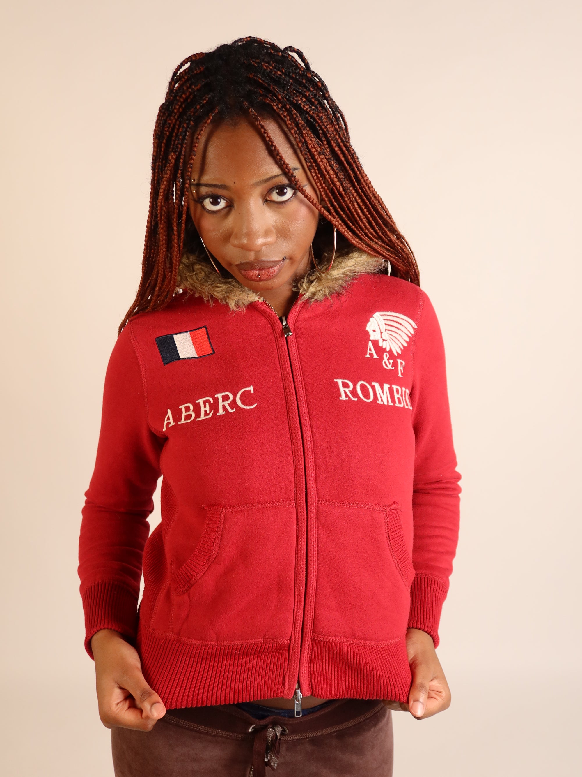 Abercrombie & Fitch Red Fur-Hood Zip Hoodie