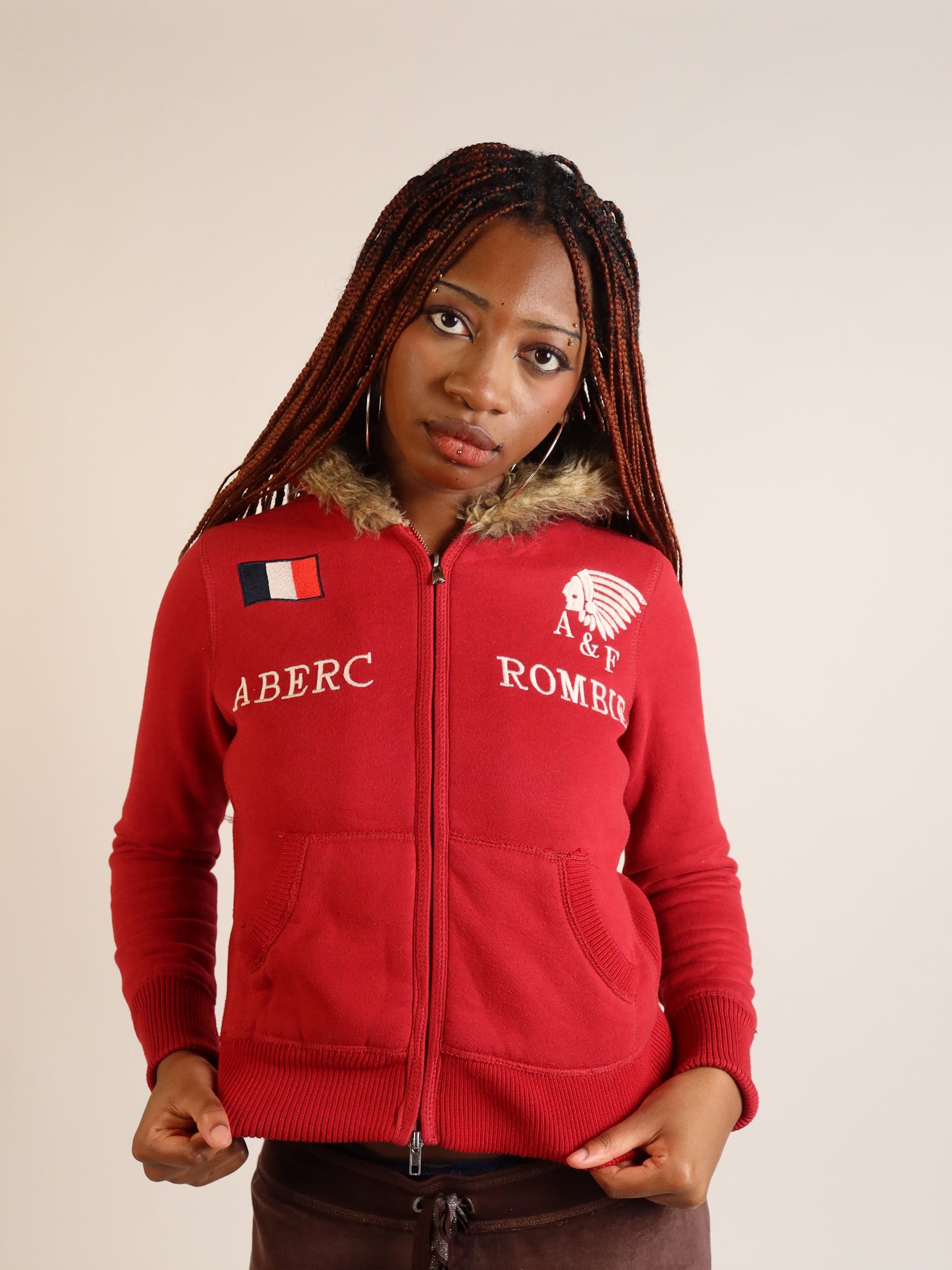 Abercrombie & Fitch Red Fur-Hood Zip Hoodie