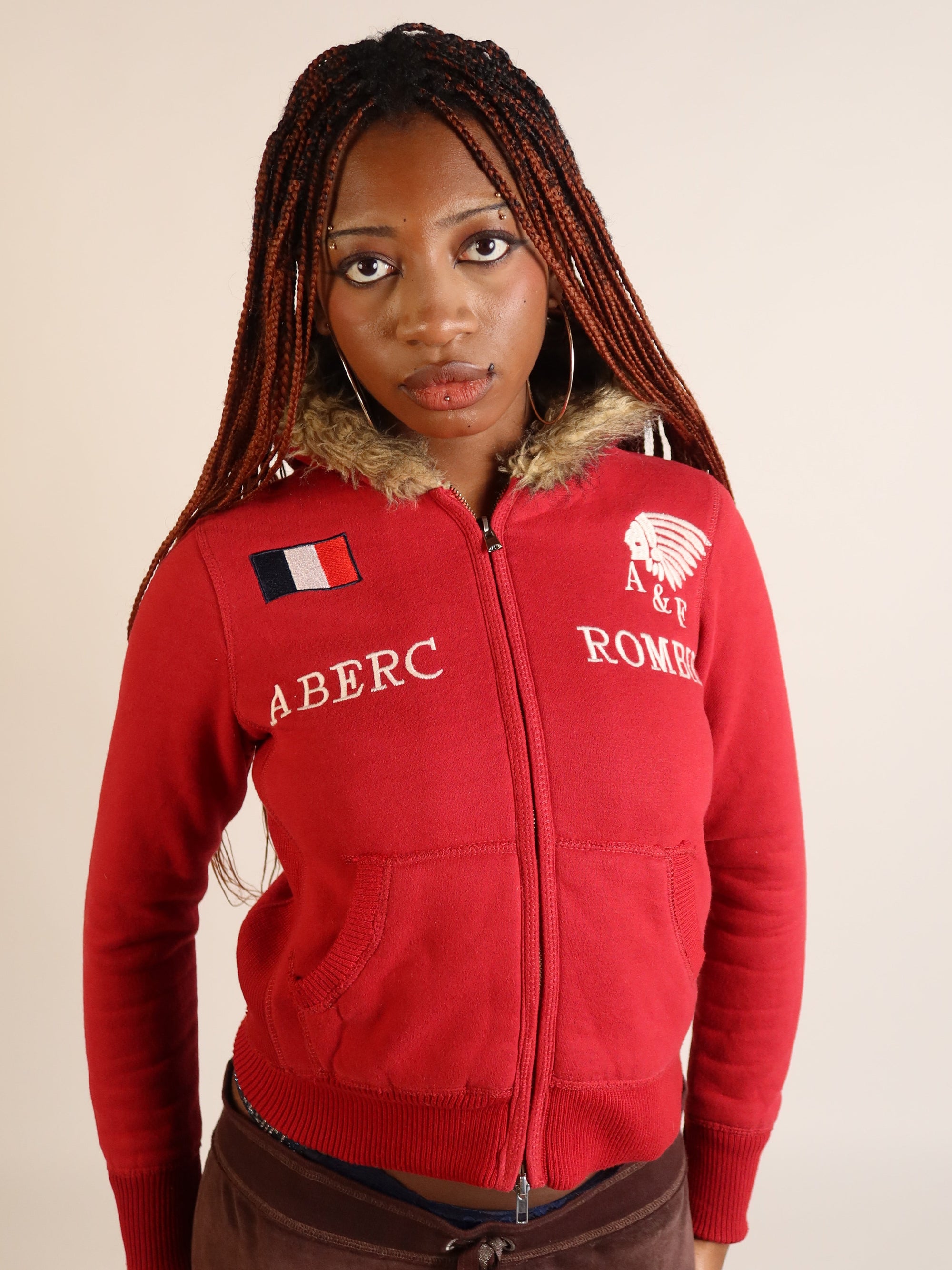 Abercrombie & Fitch Red Fur-Hood Zip Hoodie