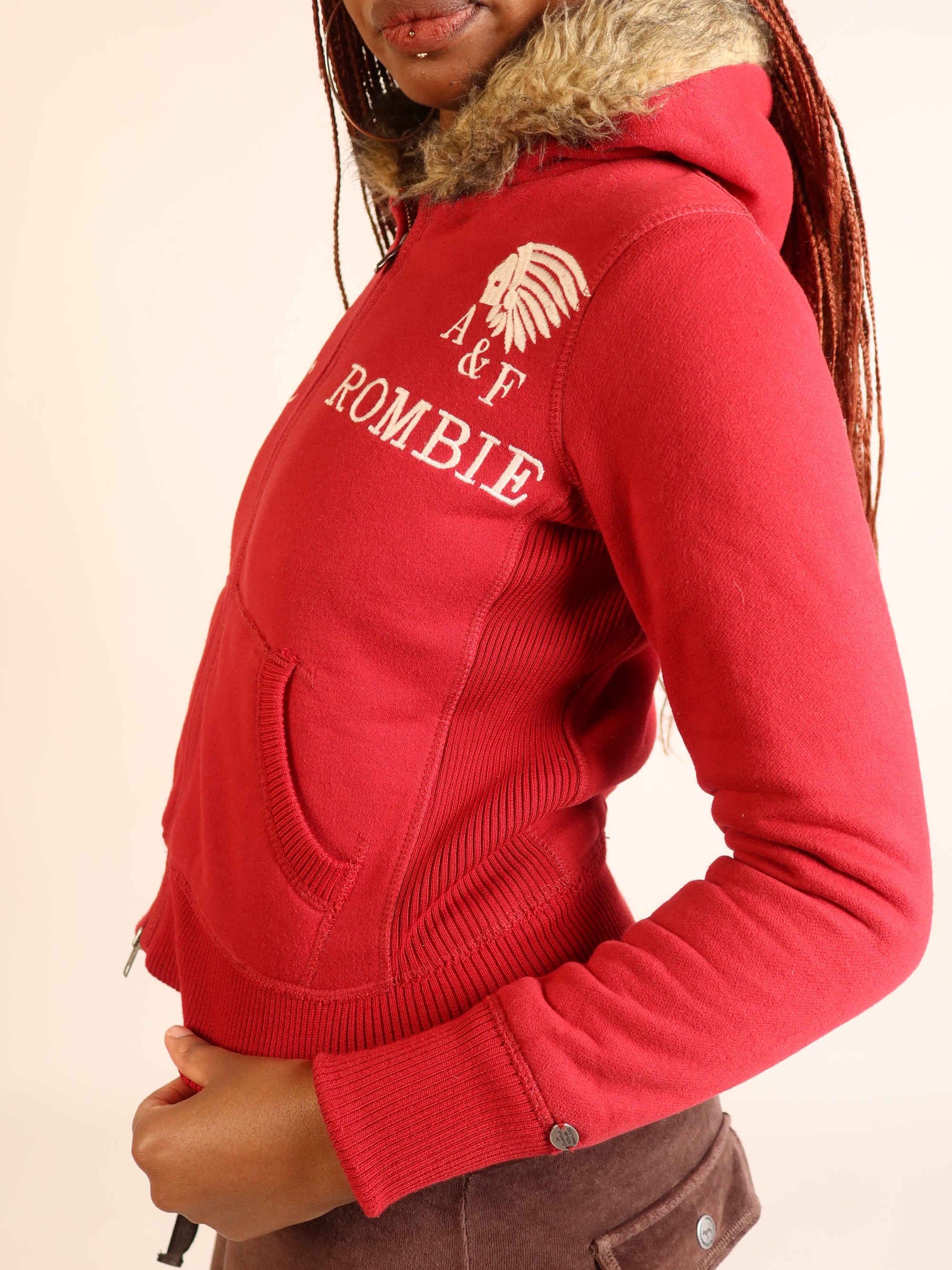 Abercrombie & Fitch Red Fur-Hood Zip Hoodie