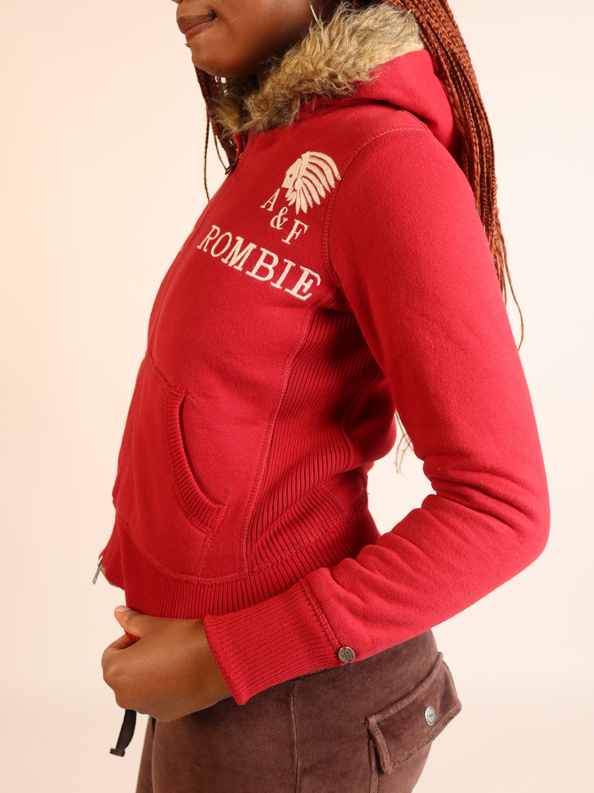 Abercrombie & Fitch Red Fur-Hood Zip Hoodie