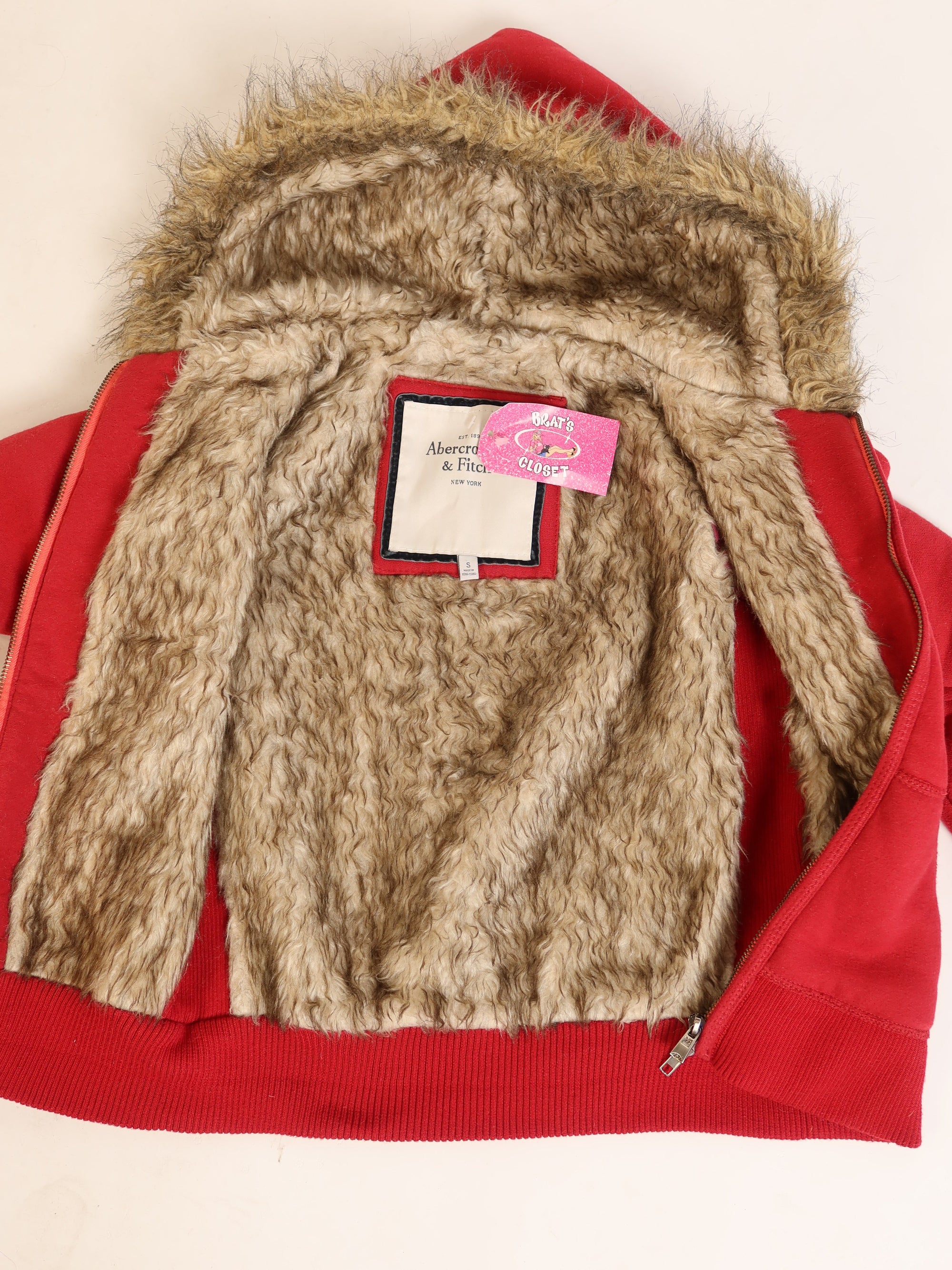 Abercrombie & Fitch Red Fur-Hood Zip Hoodie