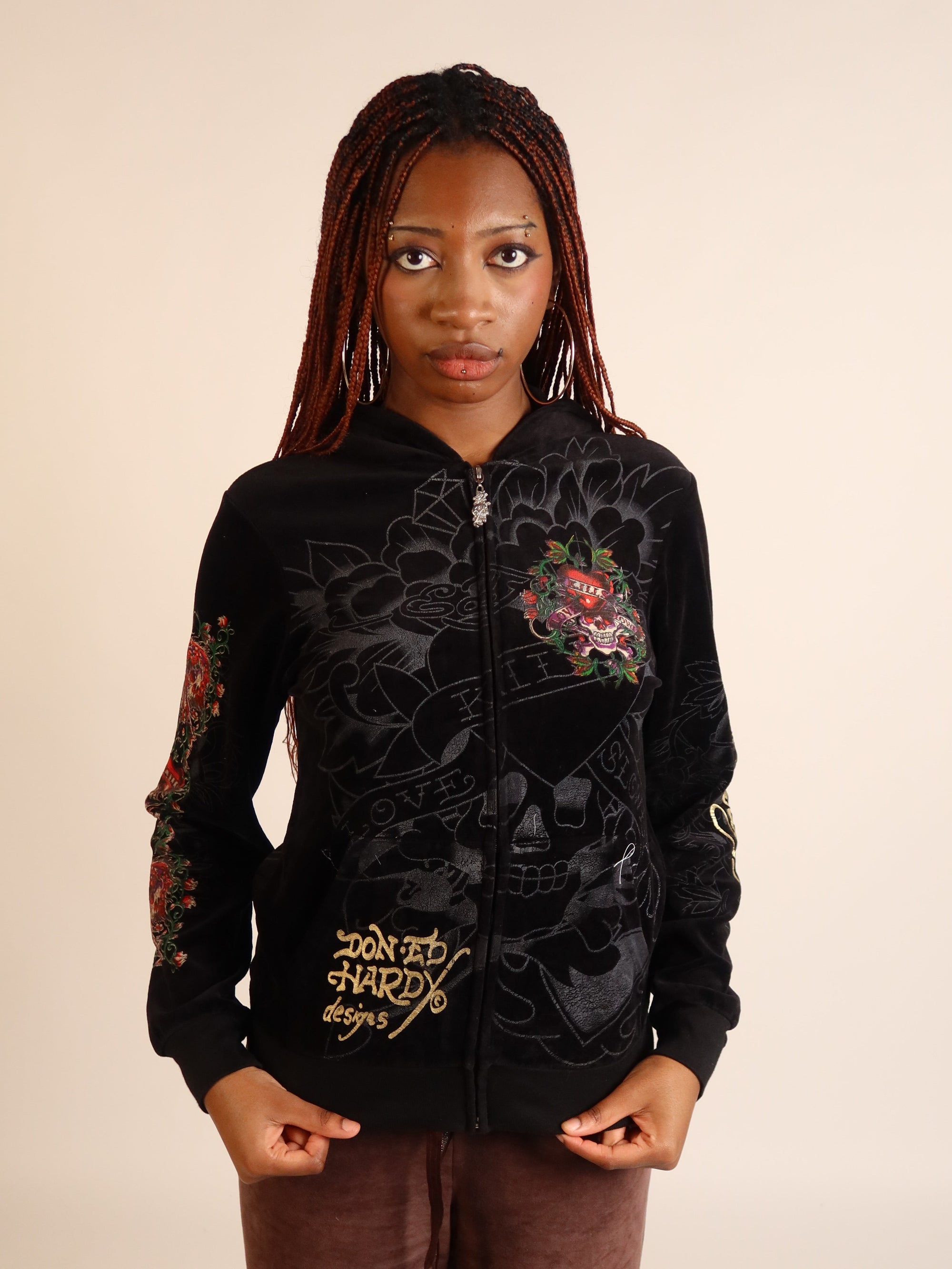 Ed Hardy Black Velour Hoodie S/M