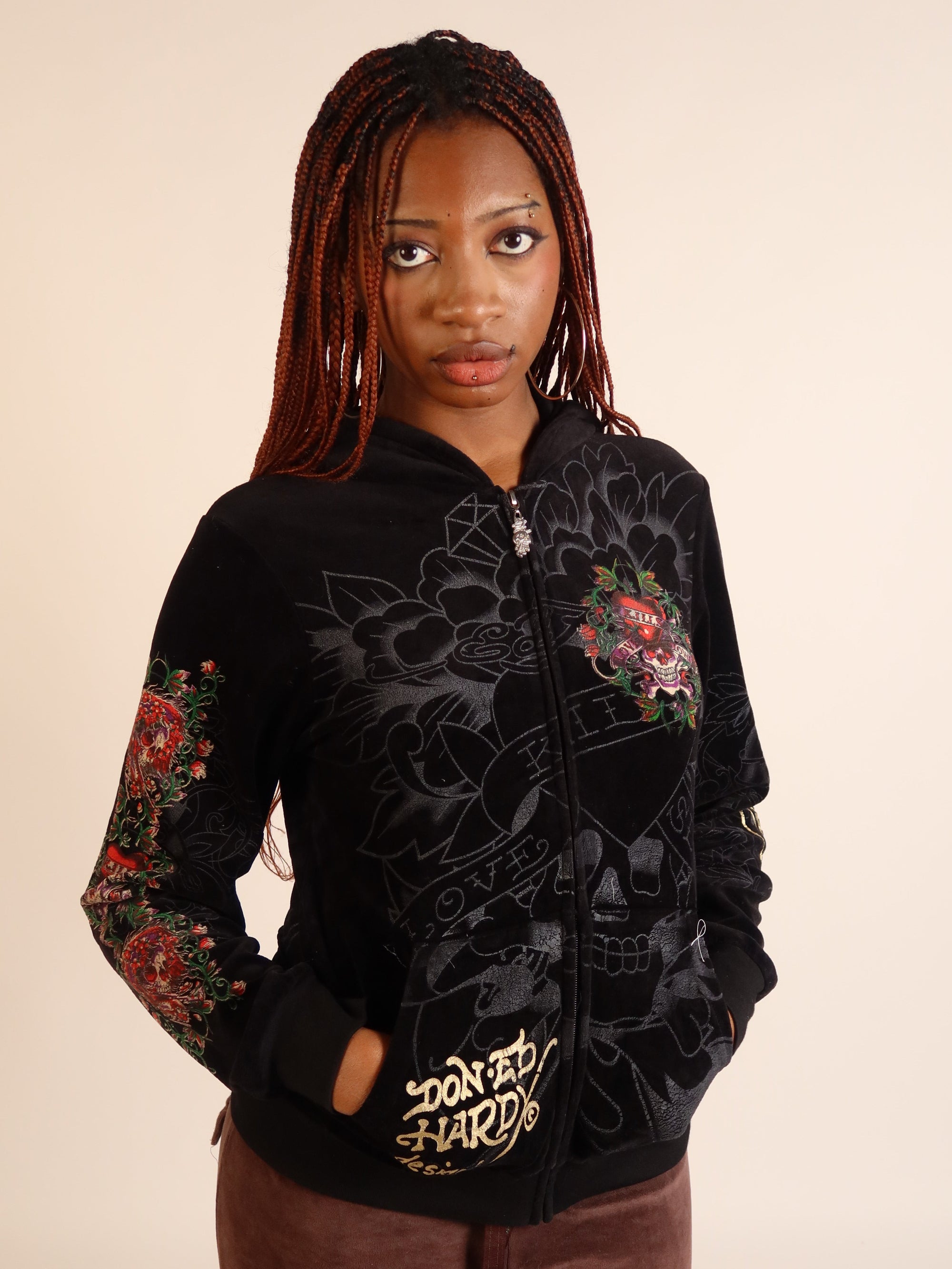 Ed Hardy Black Velour Hoodie S/M