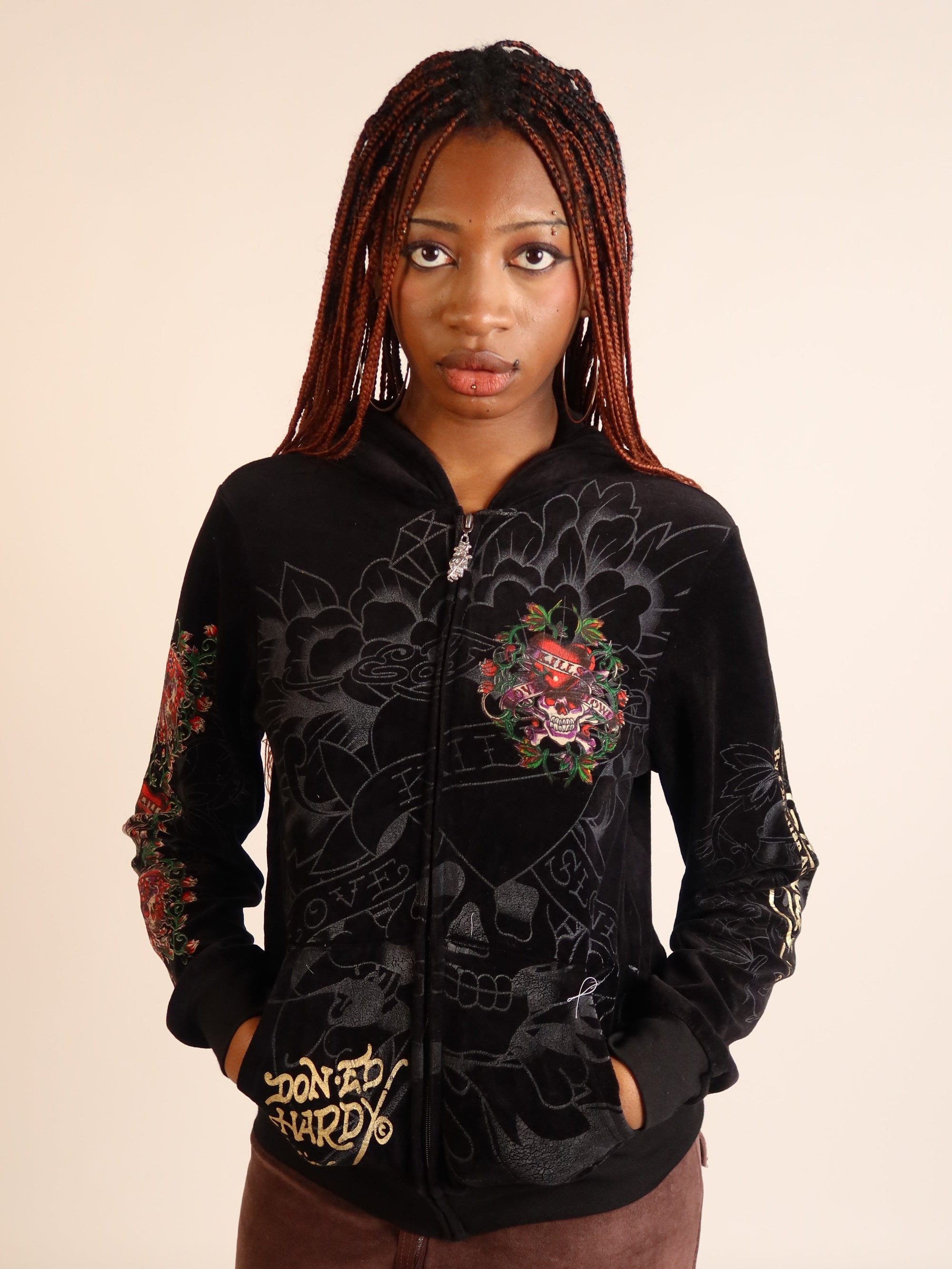 Ed Hardy Black Velour Hoodie S/M