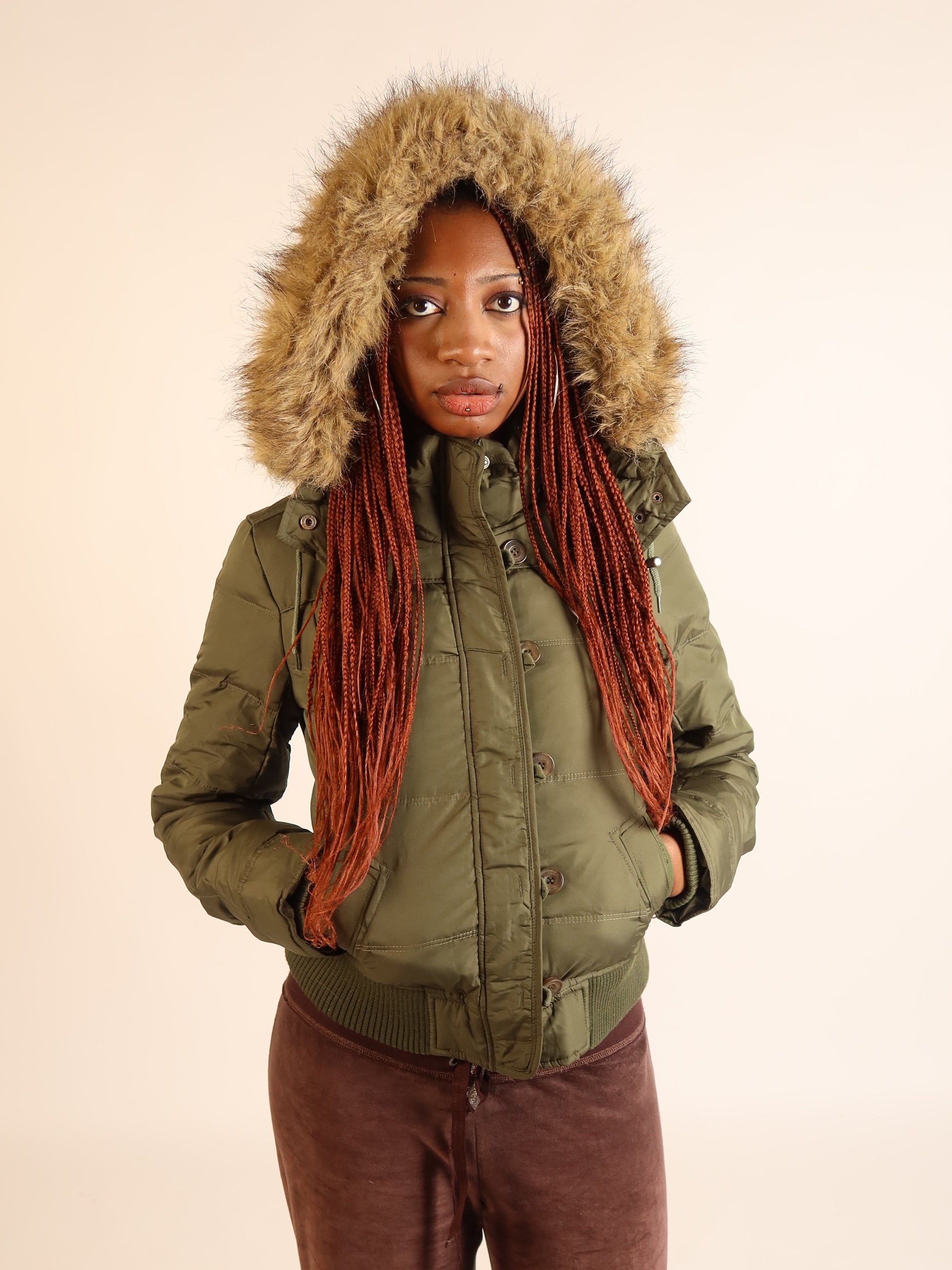 Abercrombie & Fitch Khaki Fur-Hood Puffer Jacket S/M
