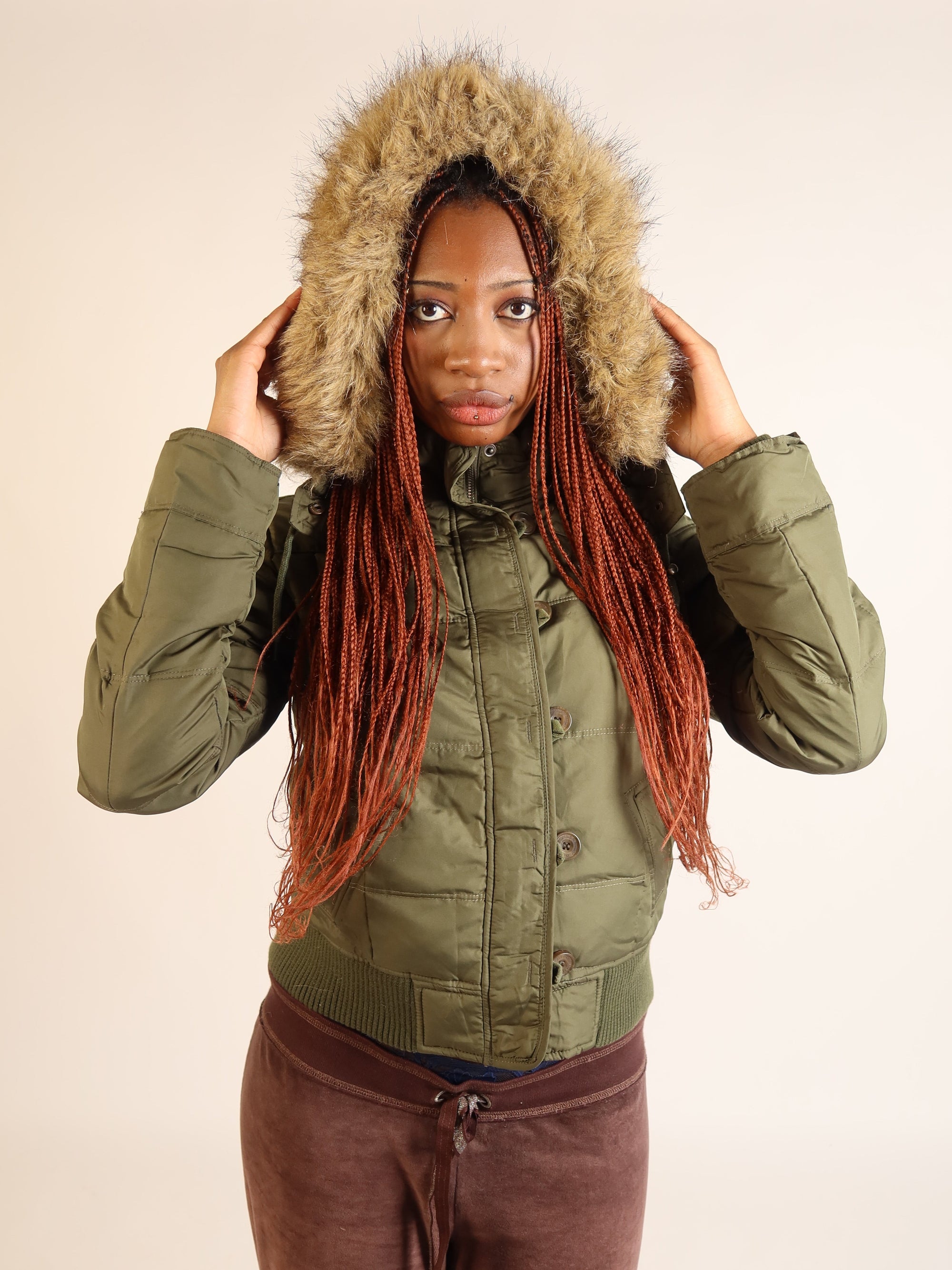 Abercrombie & Fitch Khaki Fur-Hood Puffer Jacket S/M
