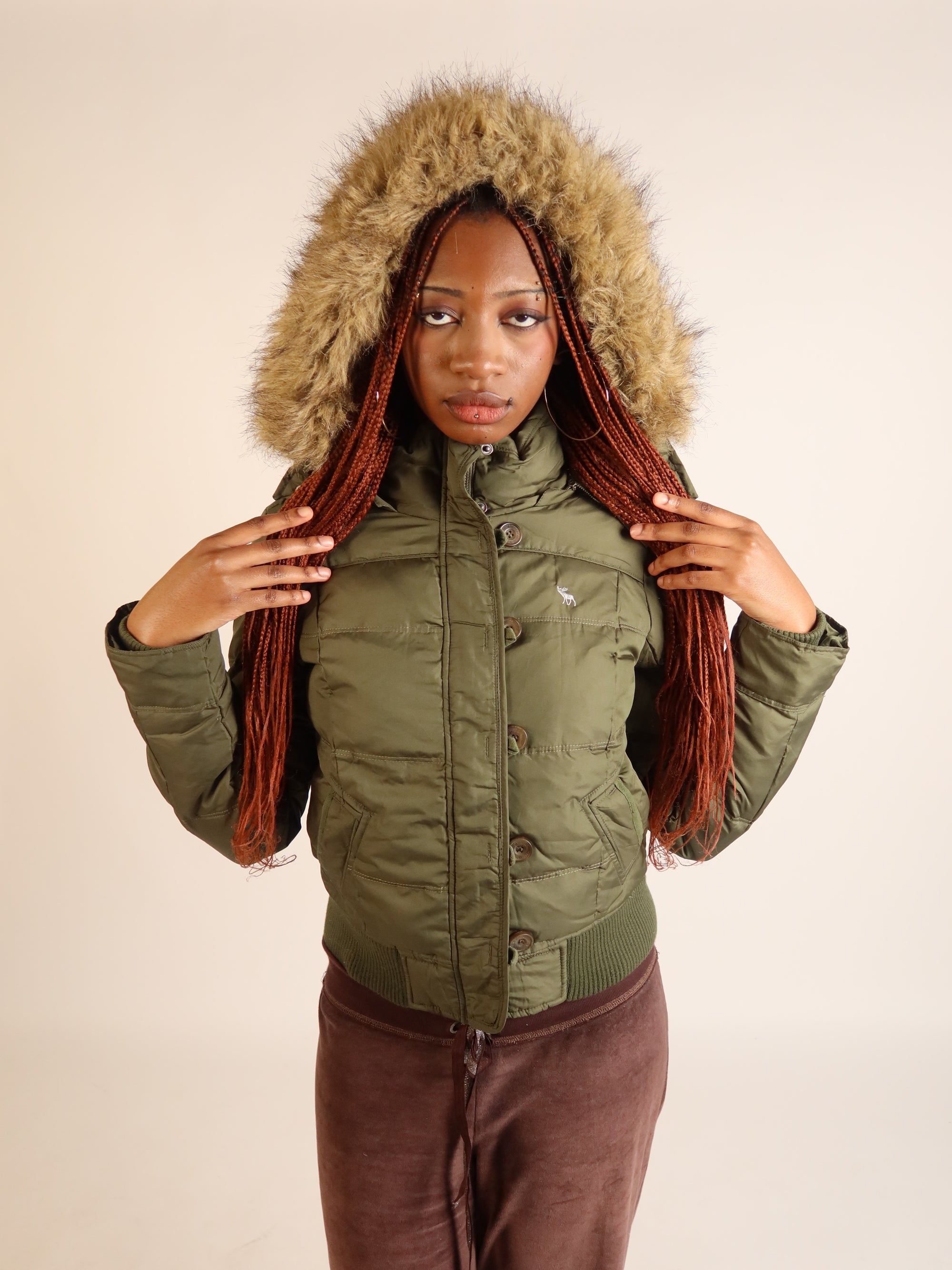 Abercrombie & Fitch Khaki Fur-Hood Puffer Jacket S/M