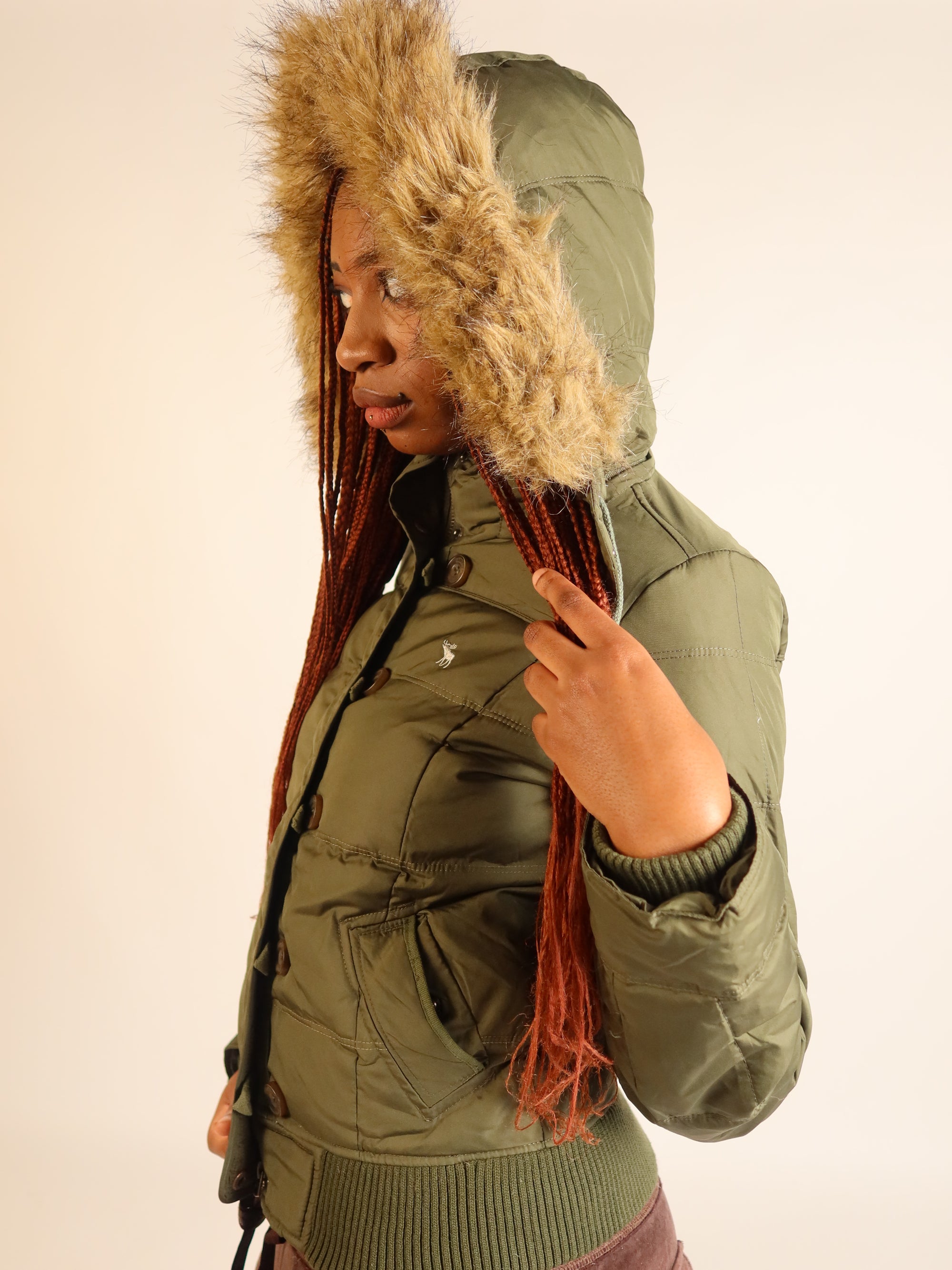 Abercrombie & Fitch Khaki Fur-Hood Puffer Jacket S/M