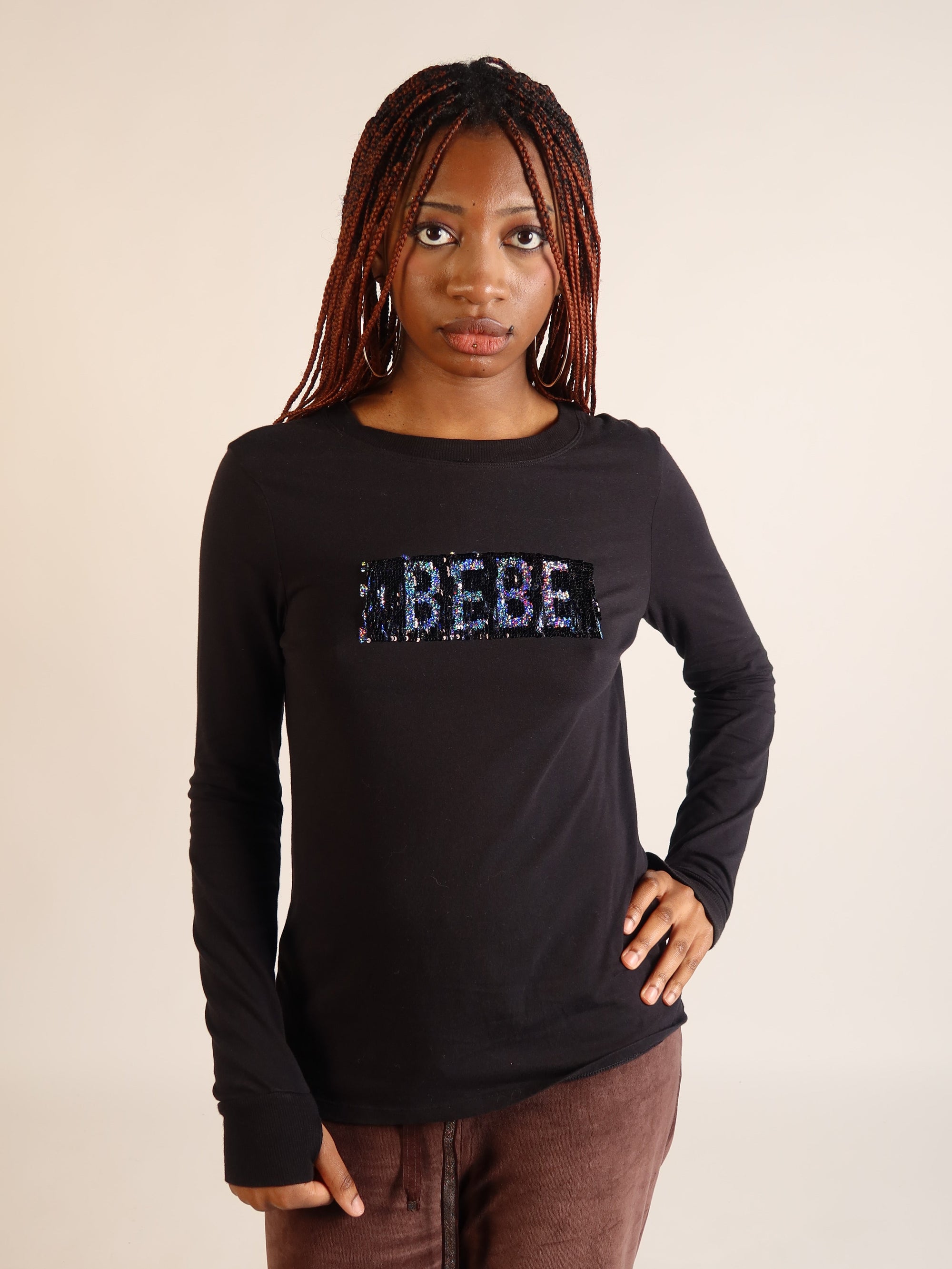 Bebe Black Sequin Logo Long Sleeve Top S/M