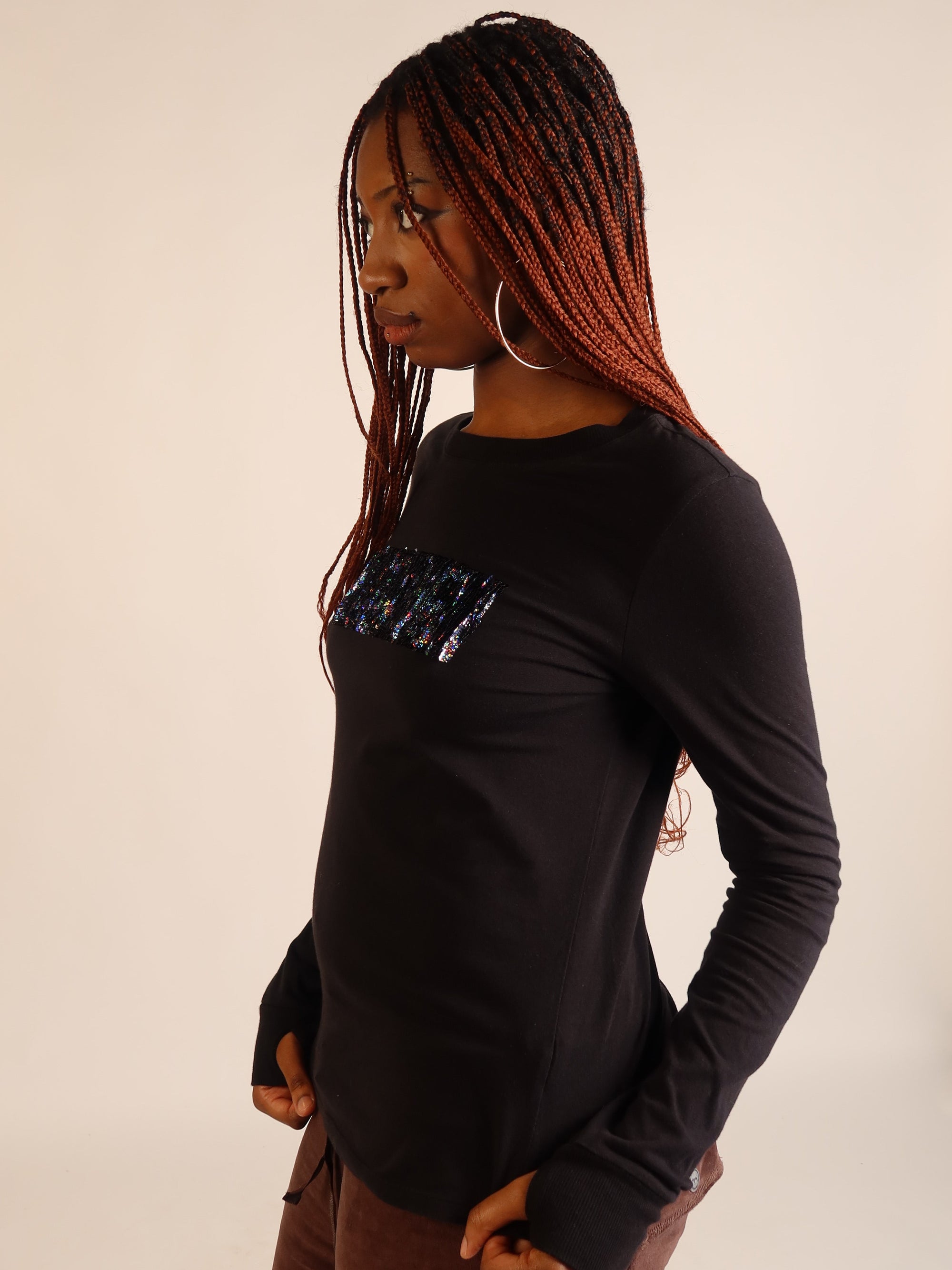 Bebe Black Sequin Logo Long Sleeve Top S/M