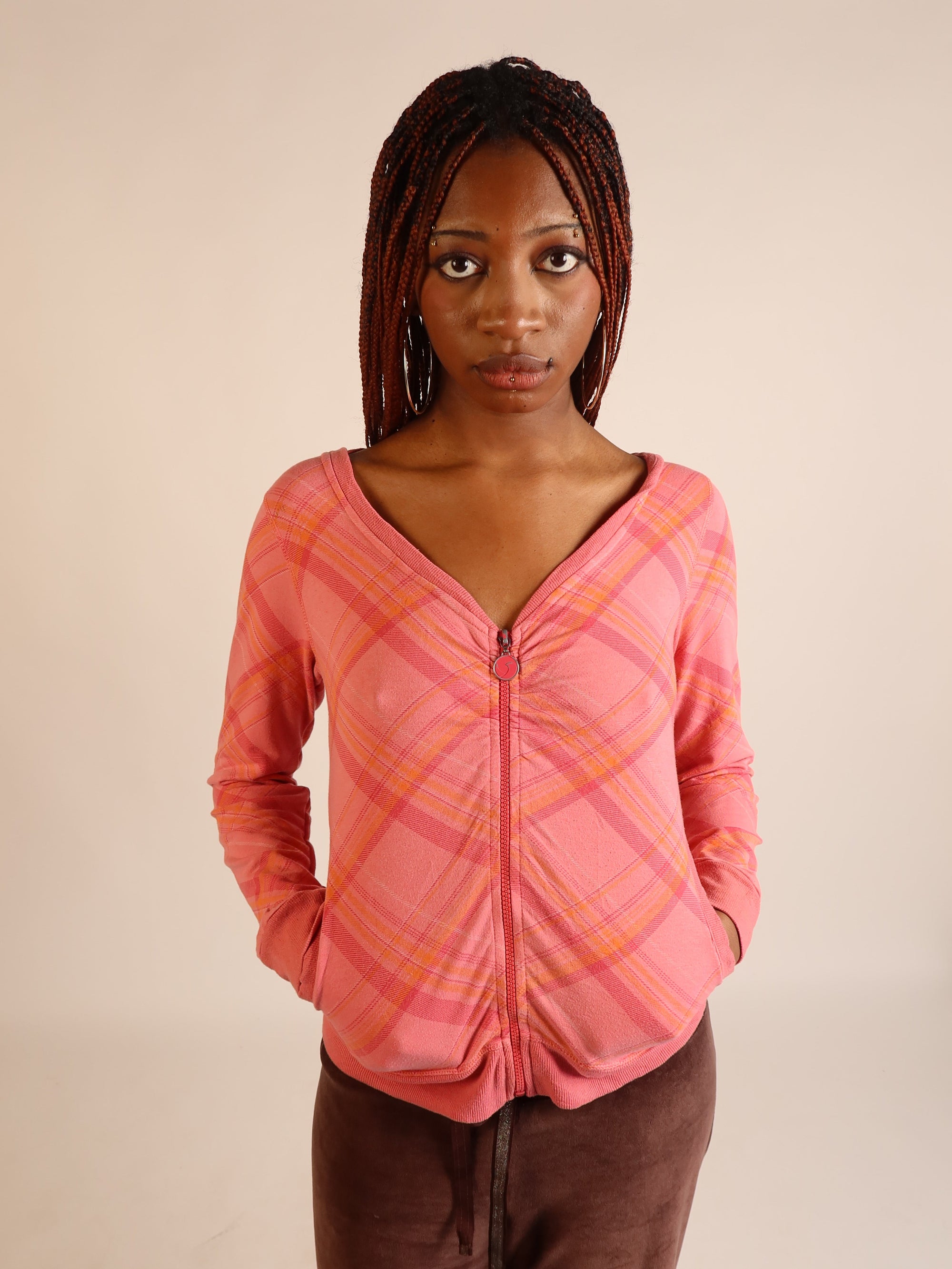 Y2K Pink Plaid Hooded Zip Jacket S/M