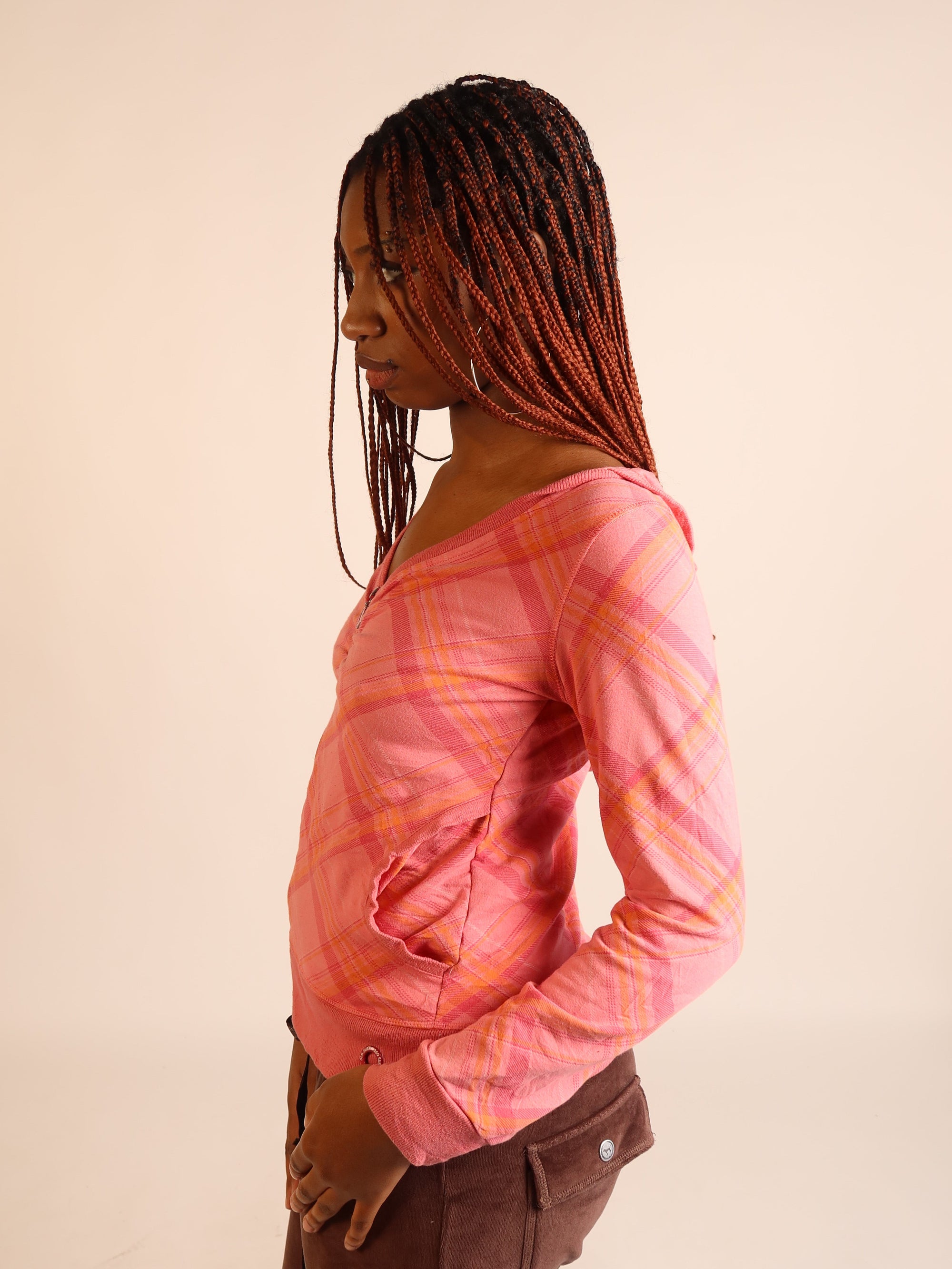 Y2K Pink Plaid Hooded Zip Jacket S/M