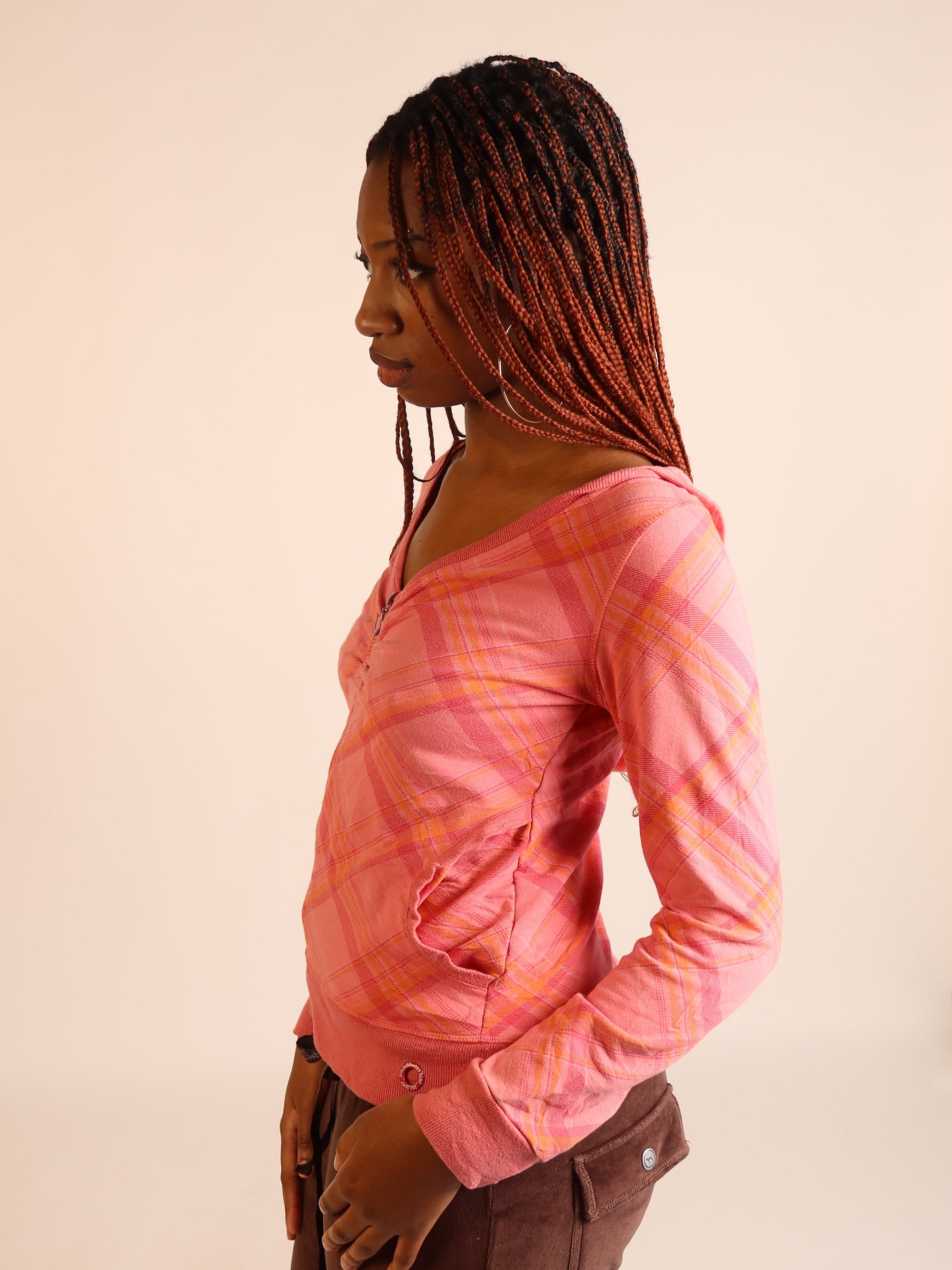 Y2K Pink Plaid Hooded Zip Jacket S/M