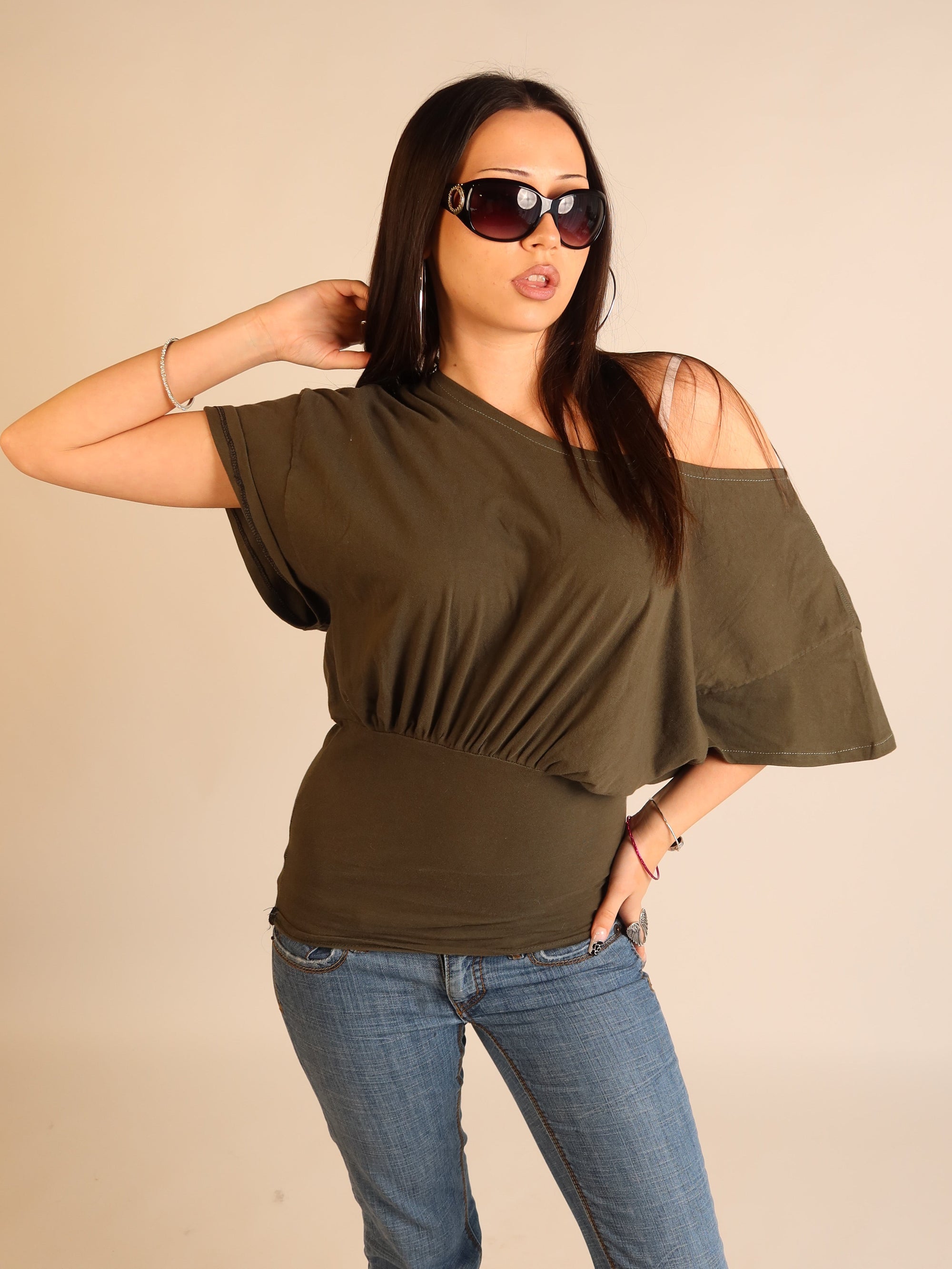 Khaki Batwing Off-Shoulder Top S