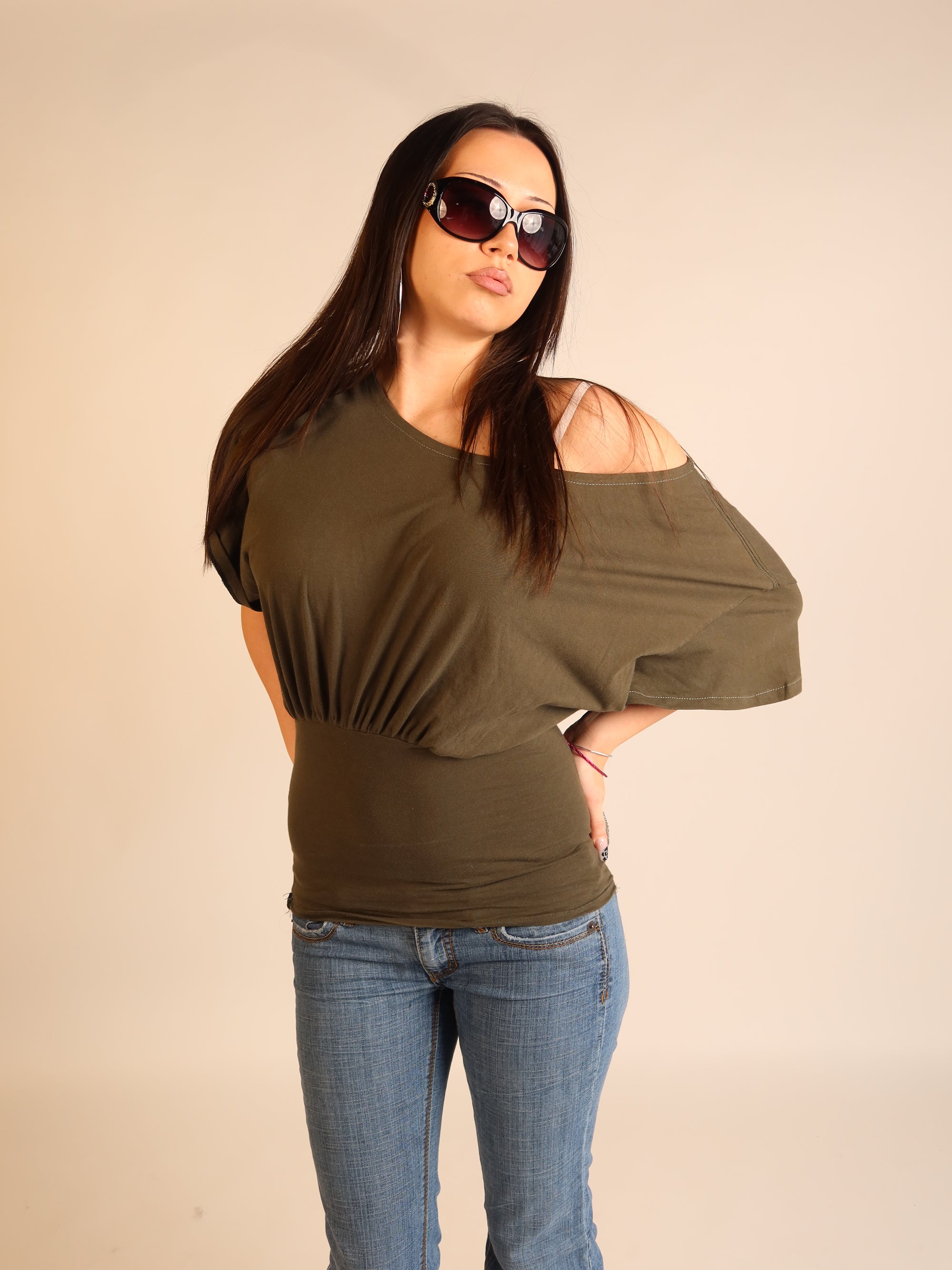 Khaki Batwing Off-Shoulder Top S