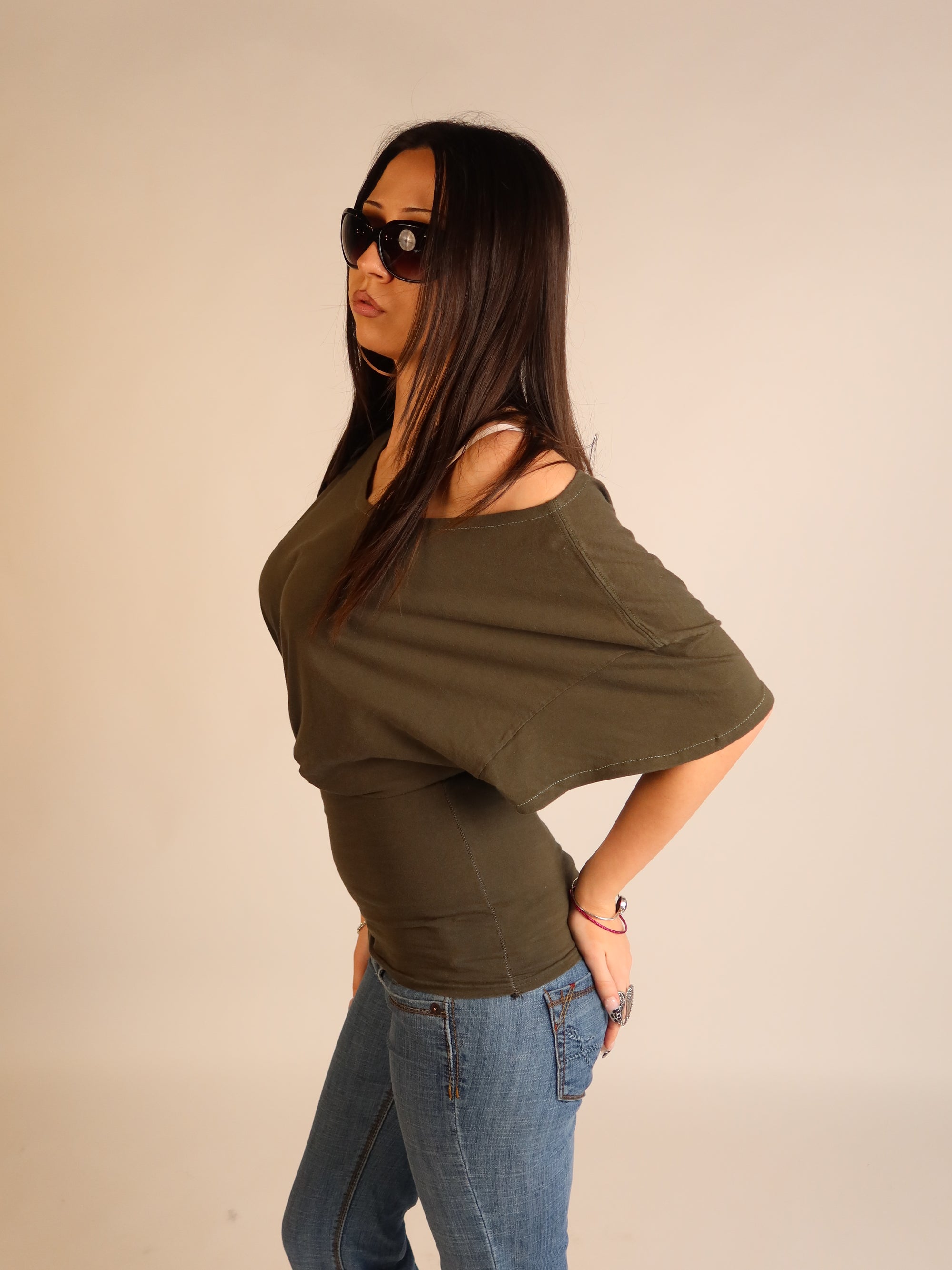 Khaki Batwing Off-Shoulder Top S