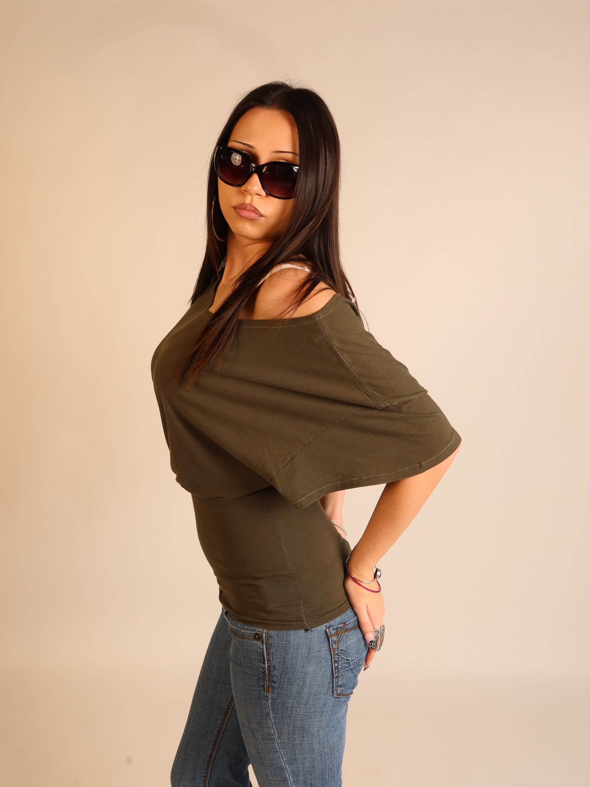 Khaki Batwing Off-Shoulder Top S