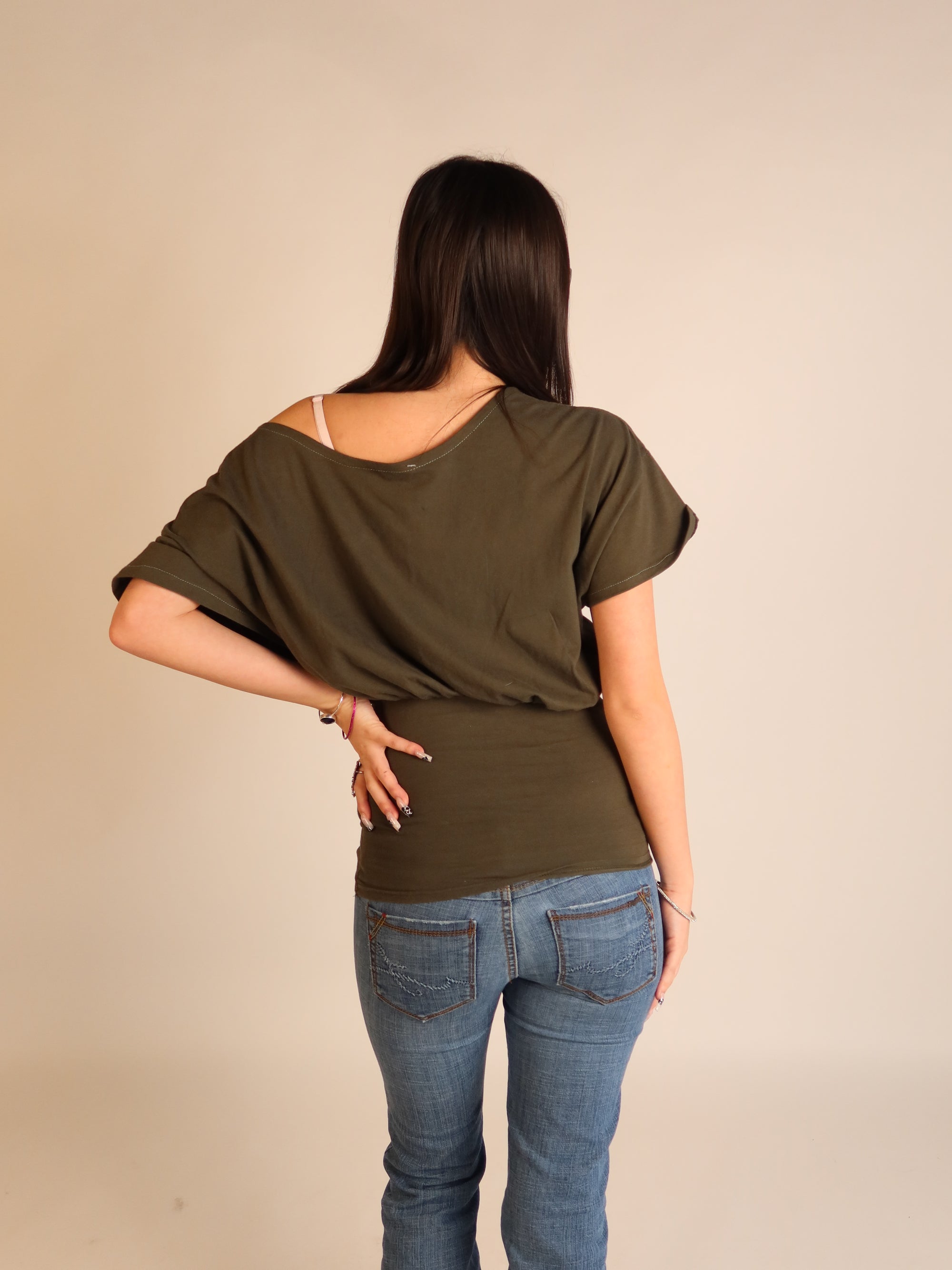 Khaki Batwing Off-Shoulder Top S