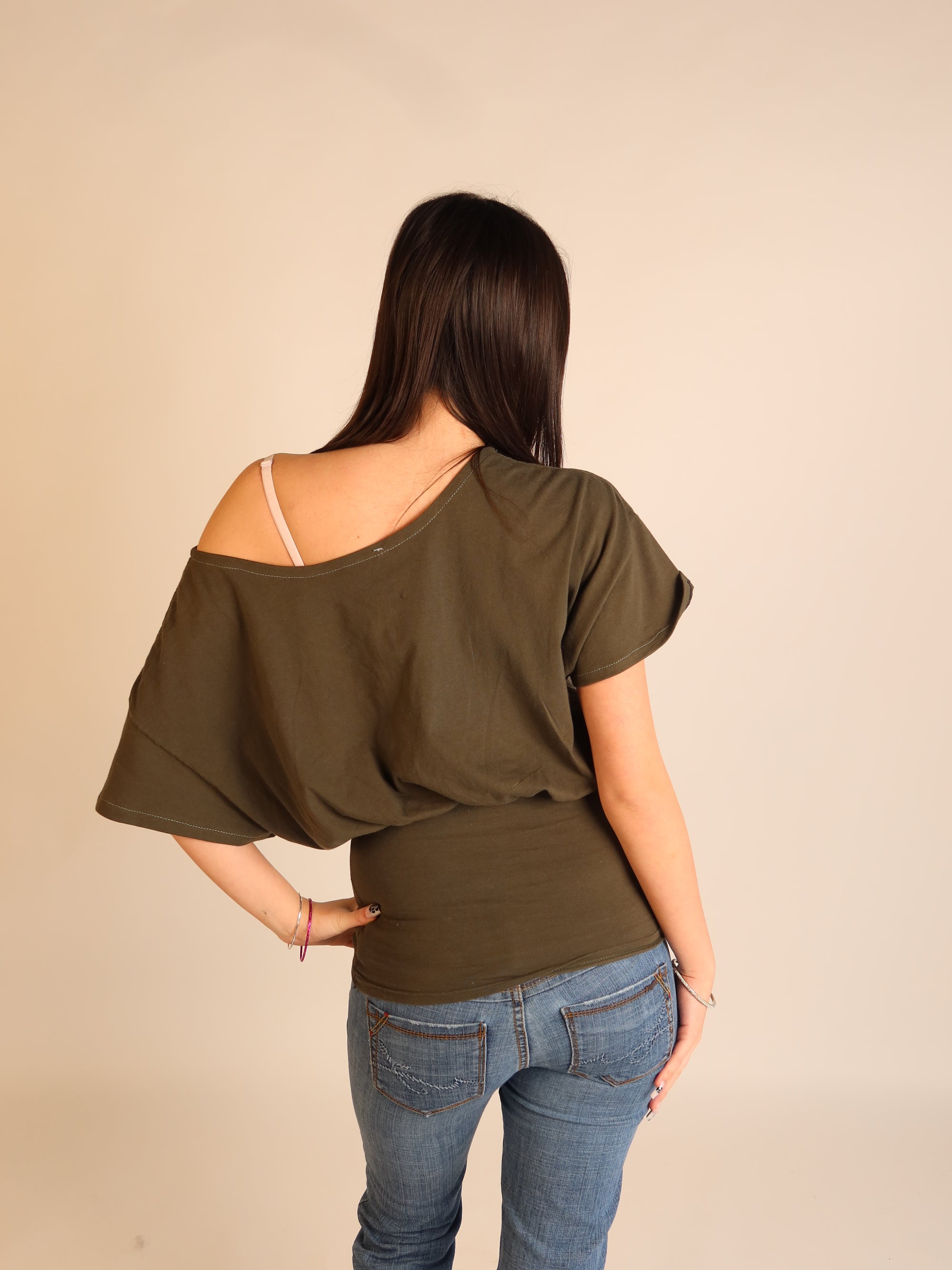Khaki Batwing Off-Shoulder Top S