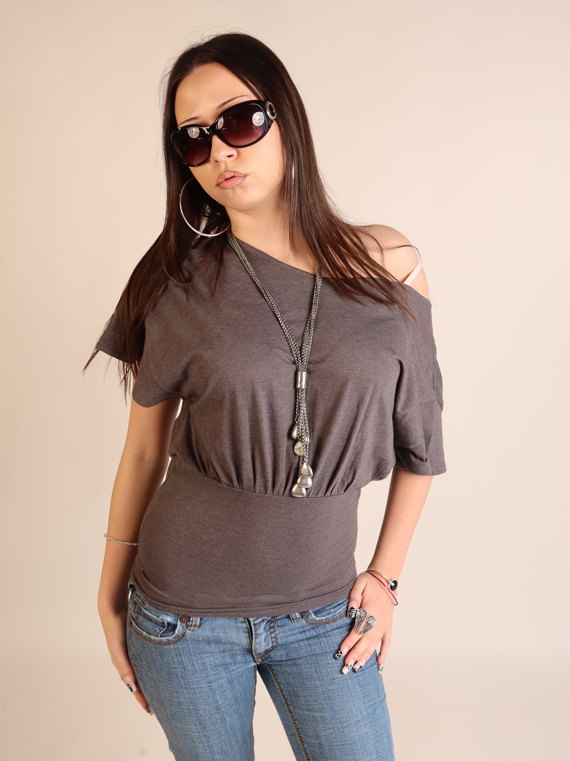 Charcoal Batwing Off-Shoulder Top S