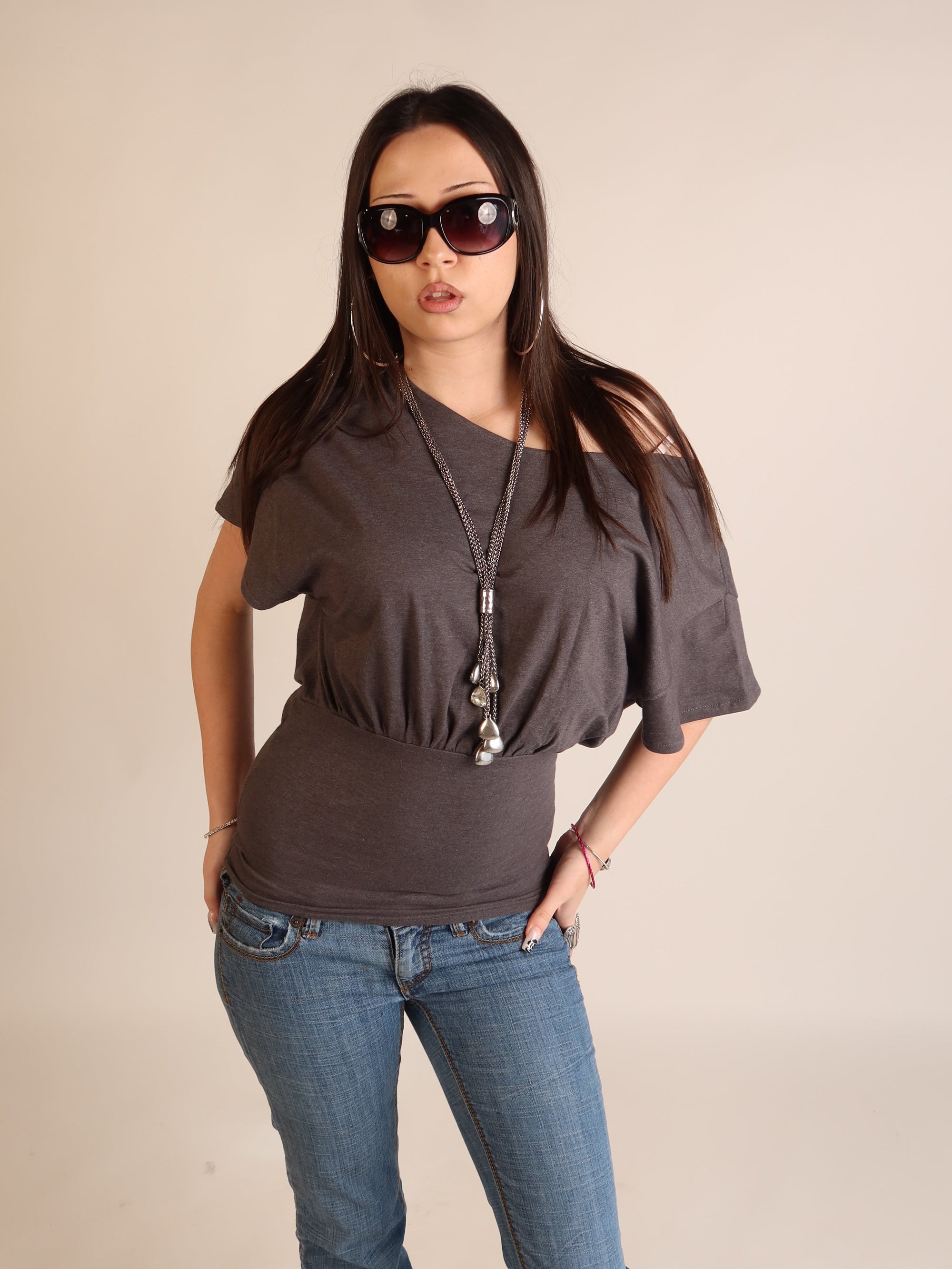 Charcoal Batwing Off-Shoulder Top S