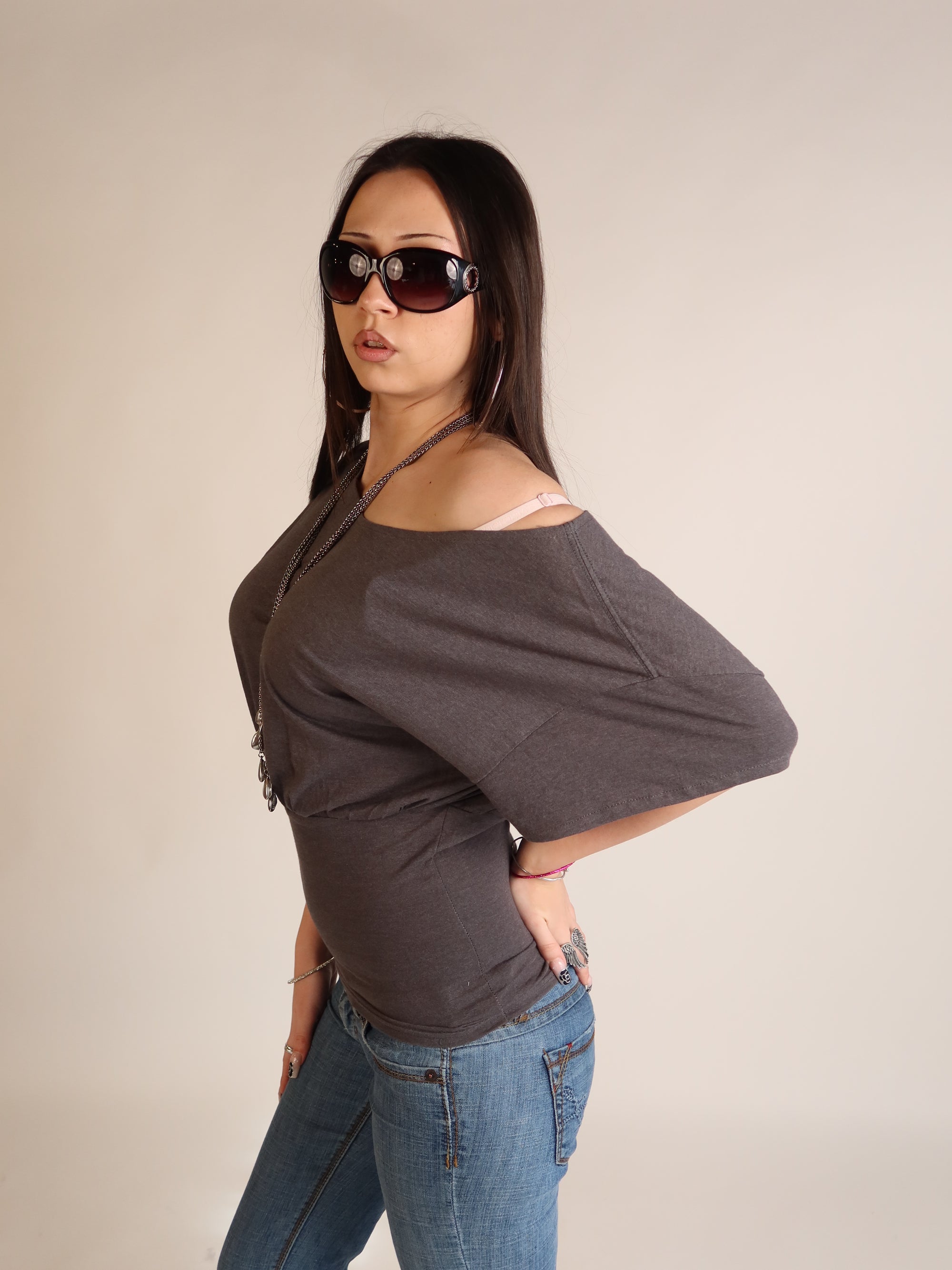 Charcoal Batwing Off-Shoulder Top S