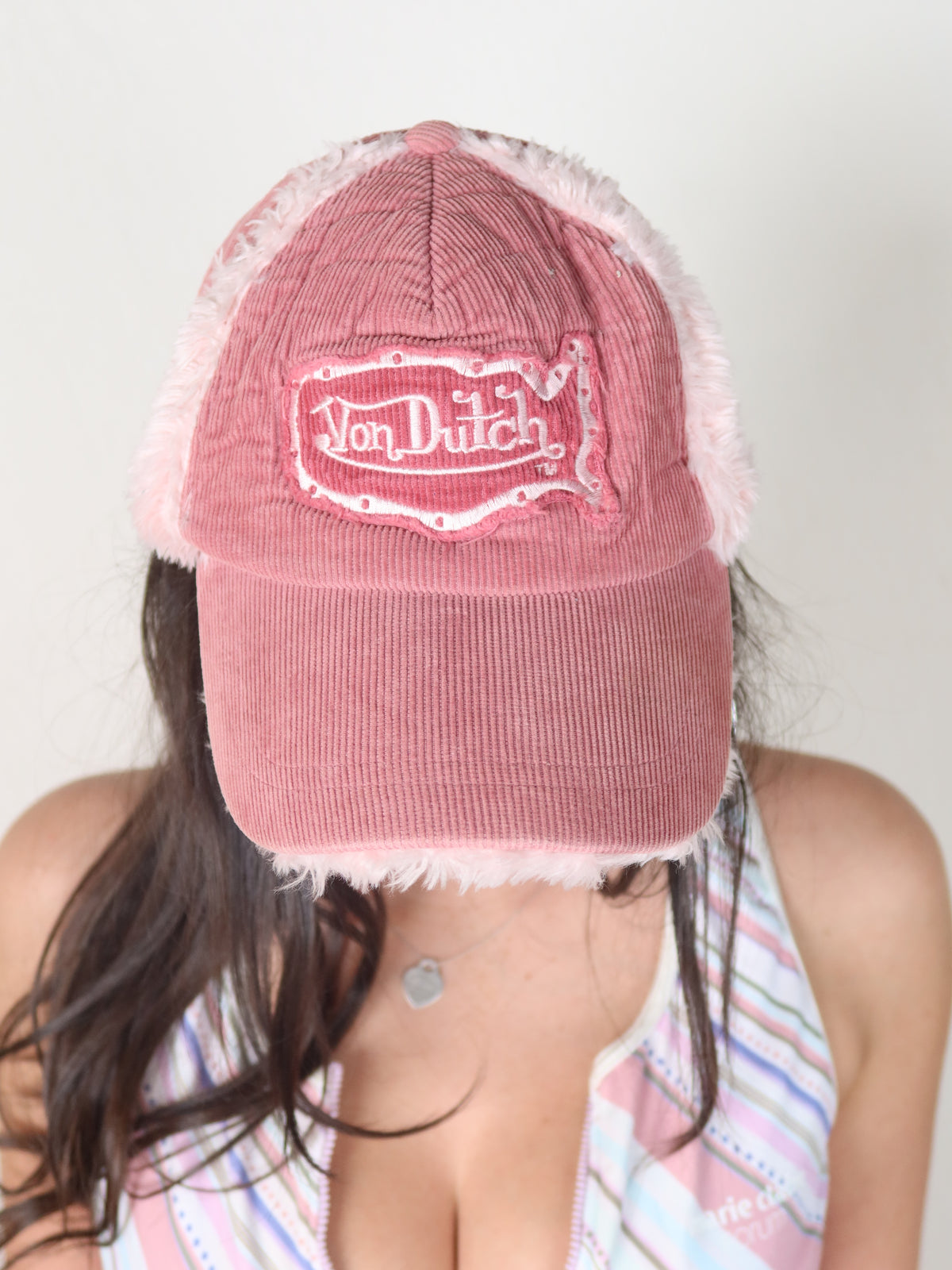 Von Dutch Pink Corduroy Fur Trim Cap
