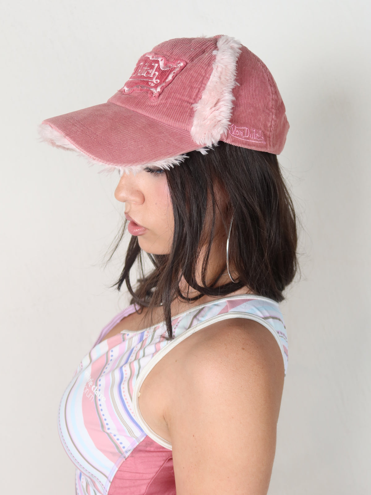 Von Dutch Pink Corduroy Fur Trim Cap