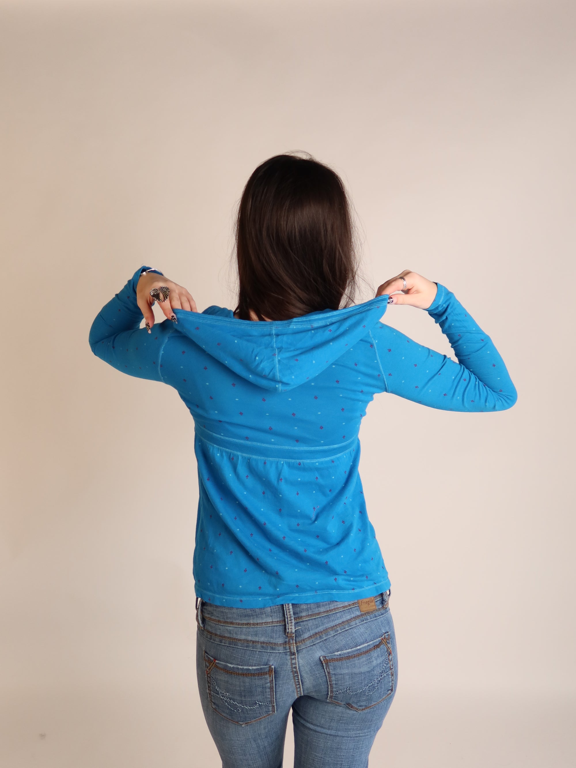 American Eagle Blue Hooded Deep-V Long Sleeve S