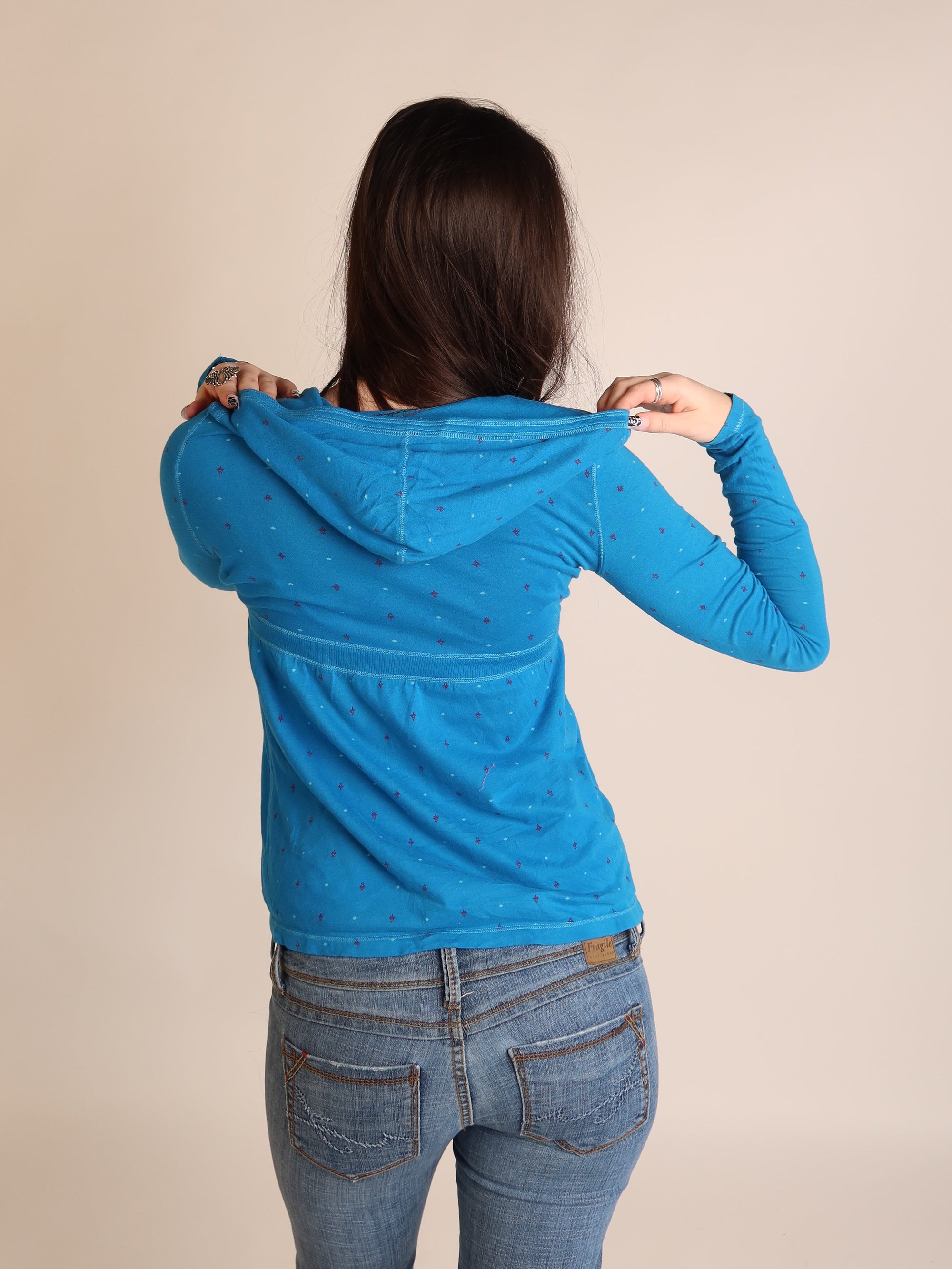 American Eagle Blue Hooded Deep-V Long Sleeve S