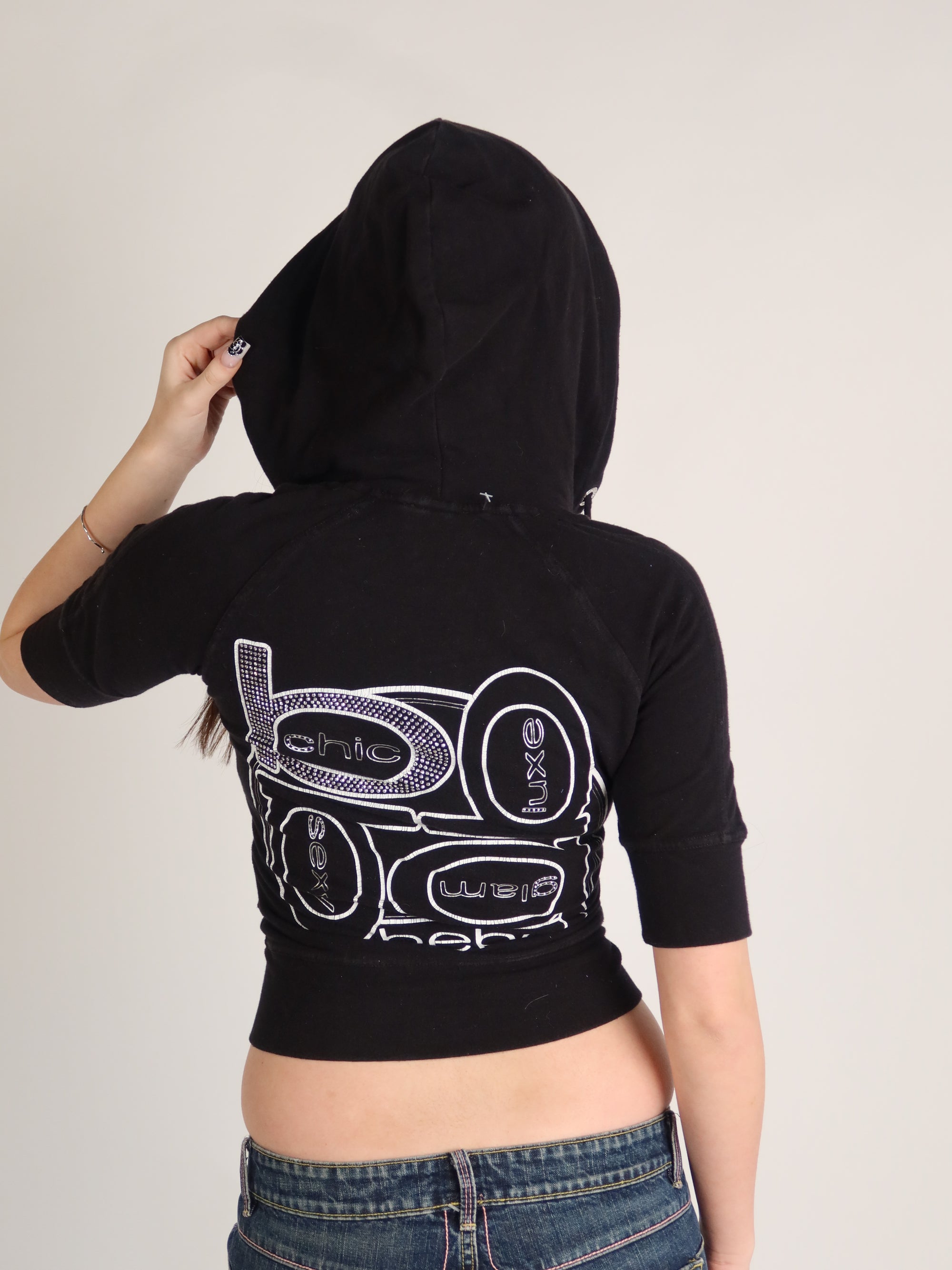 Bebe Black Rhinestone Zip Hoodie XS/S
