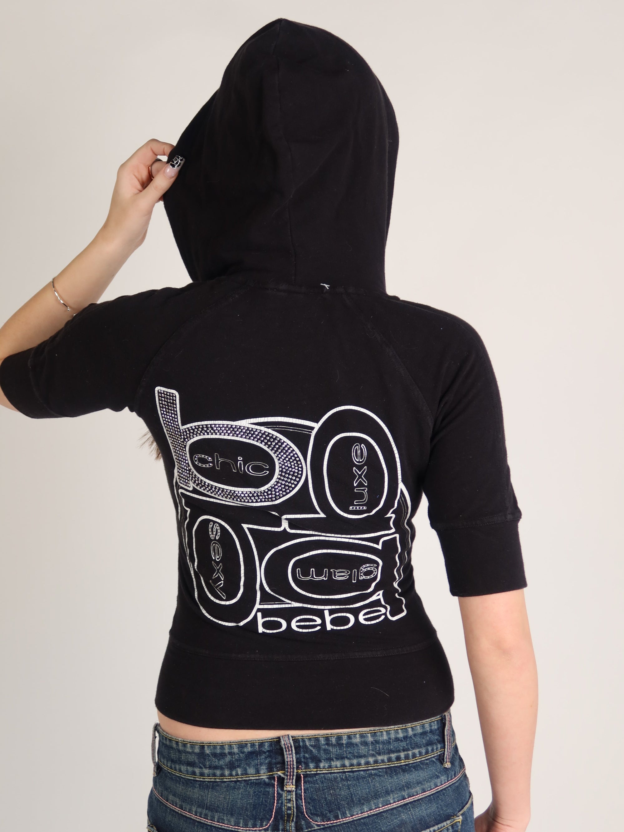 Bebe Black Rhinestone Zip Hoodie XS/S